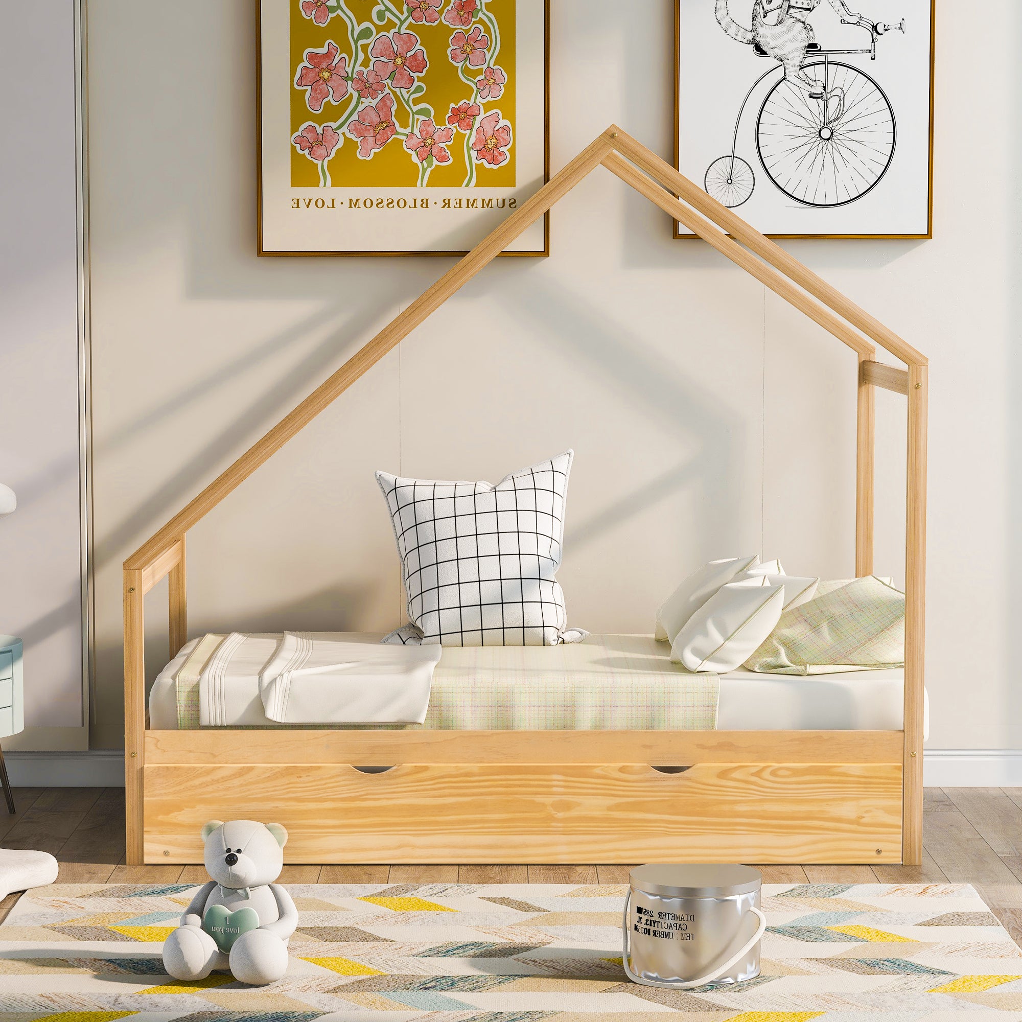 Twin Size Wooden House Bed With Twin Size Trundle, Natural - Atlantic Fine Furniture Melbourne FL