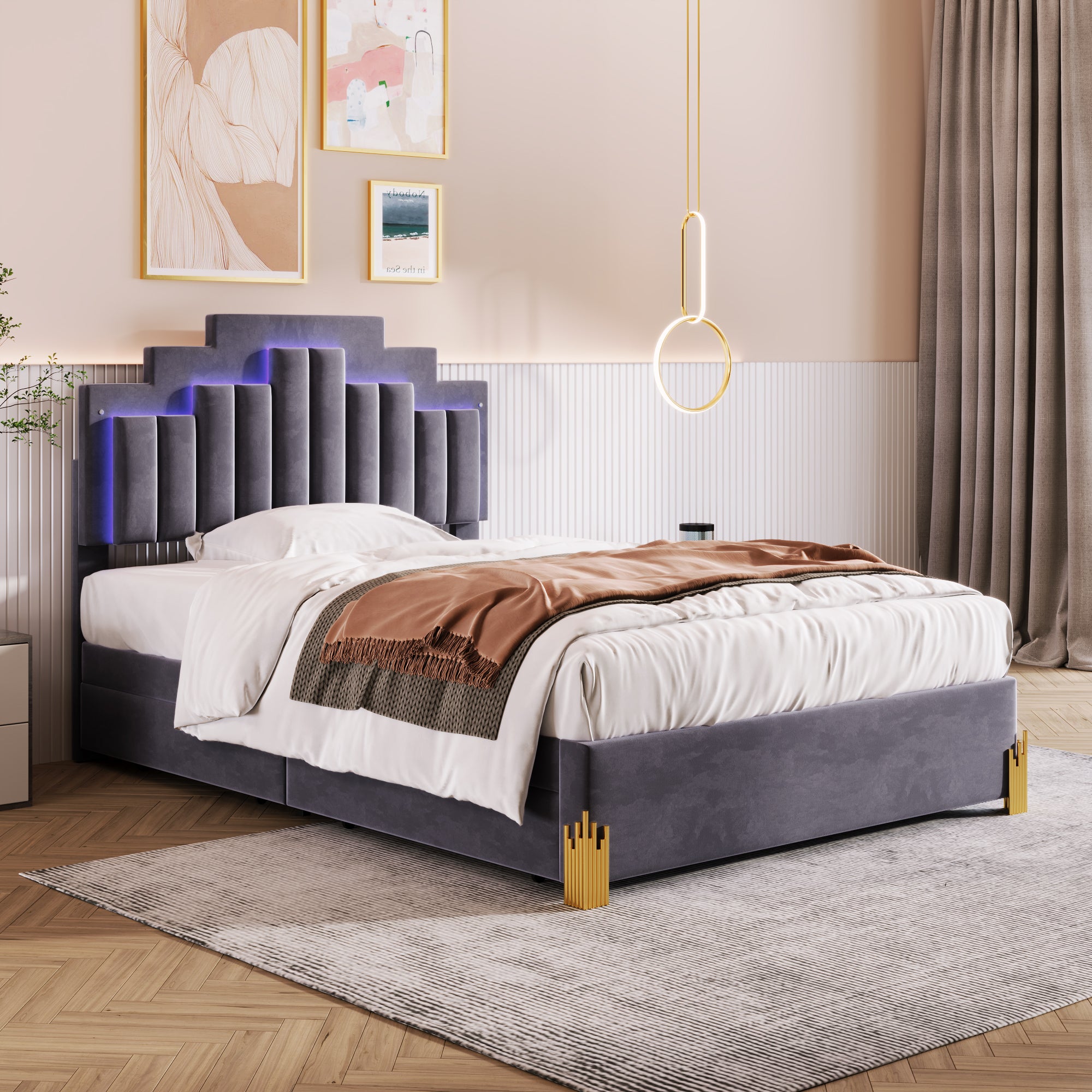 Full Size Upholstered Platform Bed with LED Lights and 4 Drawers, Stylish Irregular Metal Bed Legs Design, Gray - Atlantic Fine Furniture Melbourne FL