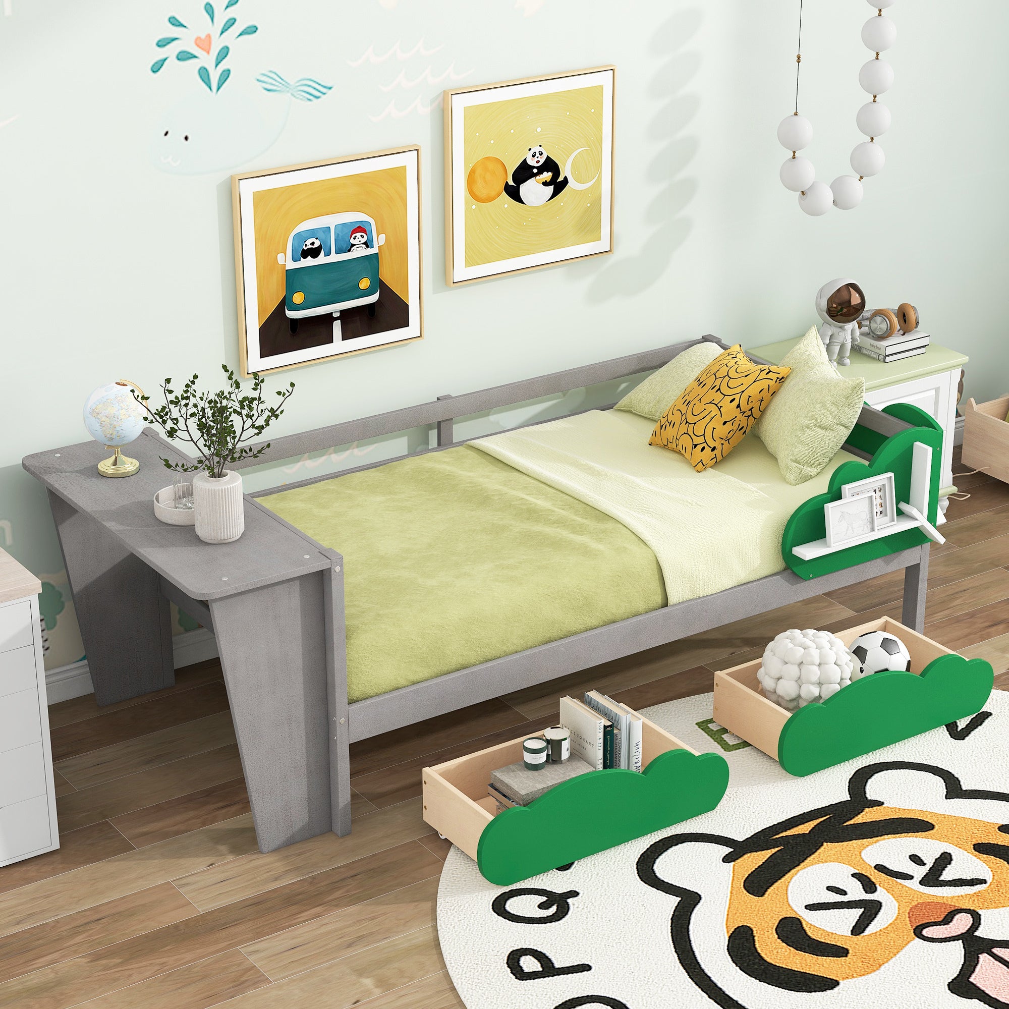 Twin Size Daybed with Desk, Green Leaf Shape Drawers and Shelves, Gray - Atlantic Fine Furniture Melbourne FL