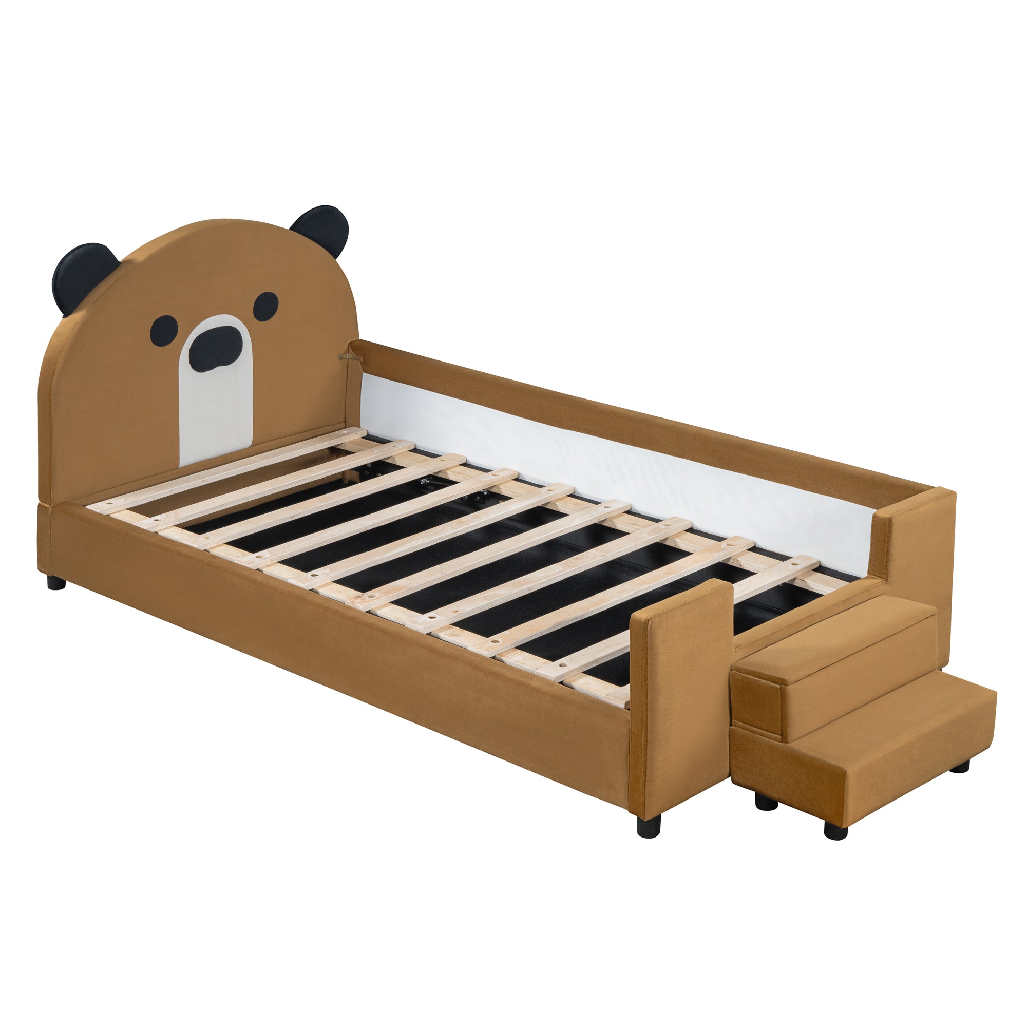 Twin Size Upholstered Daybed with Bear Shaped Headboard, Hydraulic System and Breathable Mesh Fence, Brown - Atlantic Fine Furniture Melbourne FL