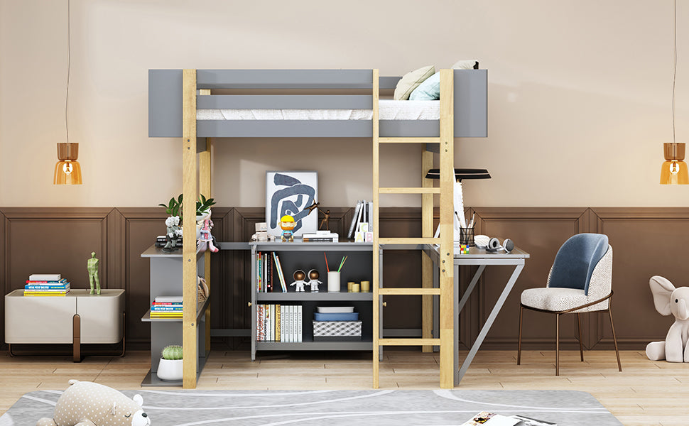 Full Size Wood Loft Bed With Built-in Storage Cabinet and Cubes, Foldable desk, Gray