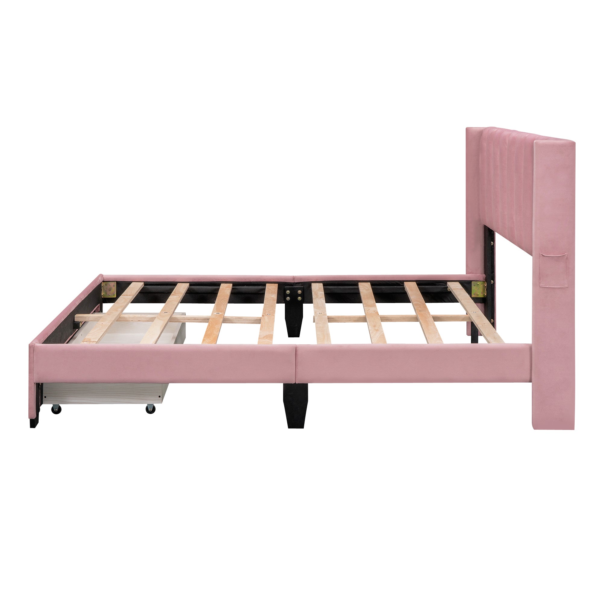 Queen Size Storage Bed Velvet Upholstered Platform Bed with a Big Drawer - Pink - Atlantic Fine Furniture Melbourne FL