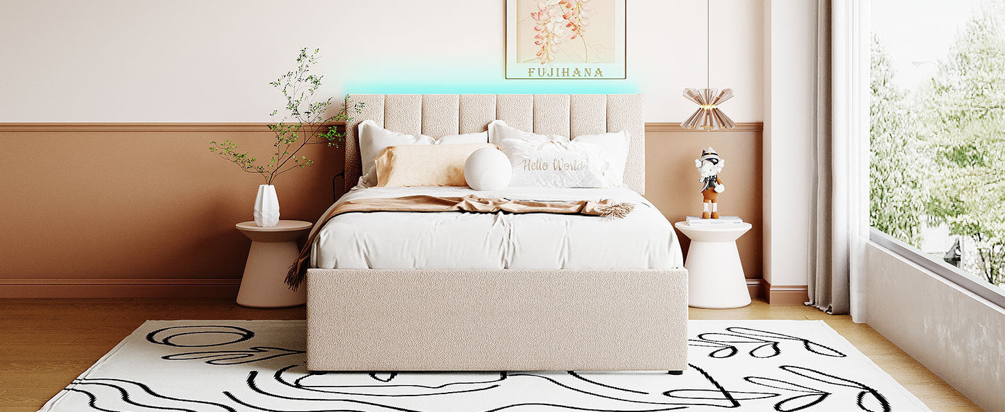Teddy Fleece Full Size Upholstered Platform Bed with Trundle, Beige - Atlantic Fine Furniture Melbourne FL