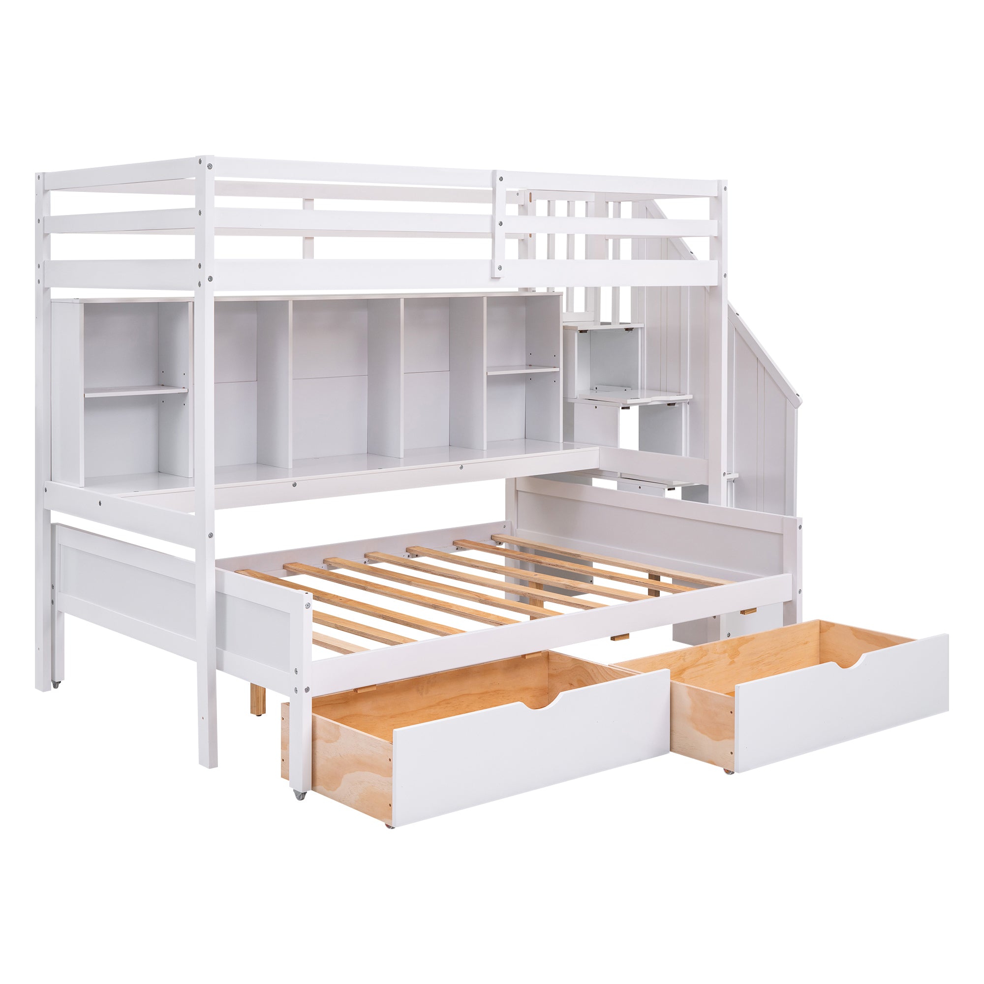 Twin XL over Full Bunk Bed with Built-in Storage Shelves, Drawers and Staircase,White - Atlantic Fine Furniture Melbourne FL