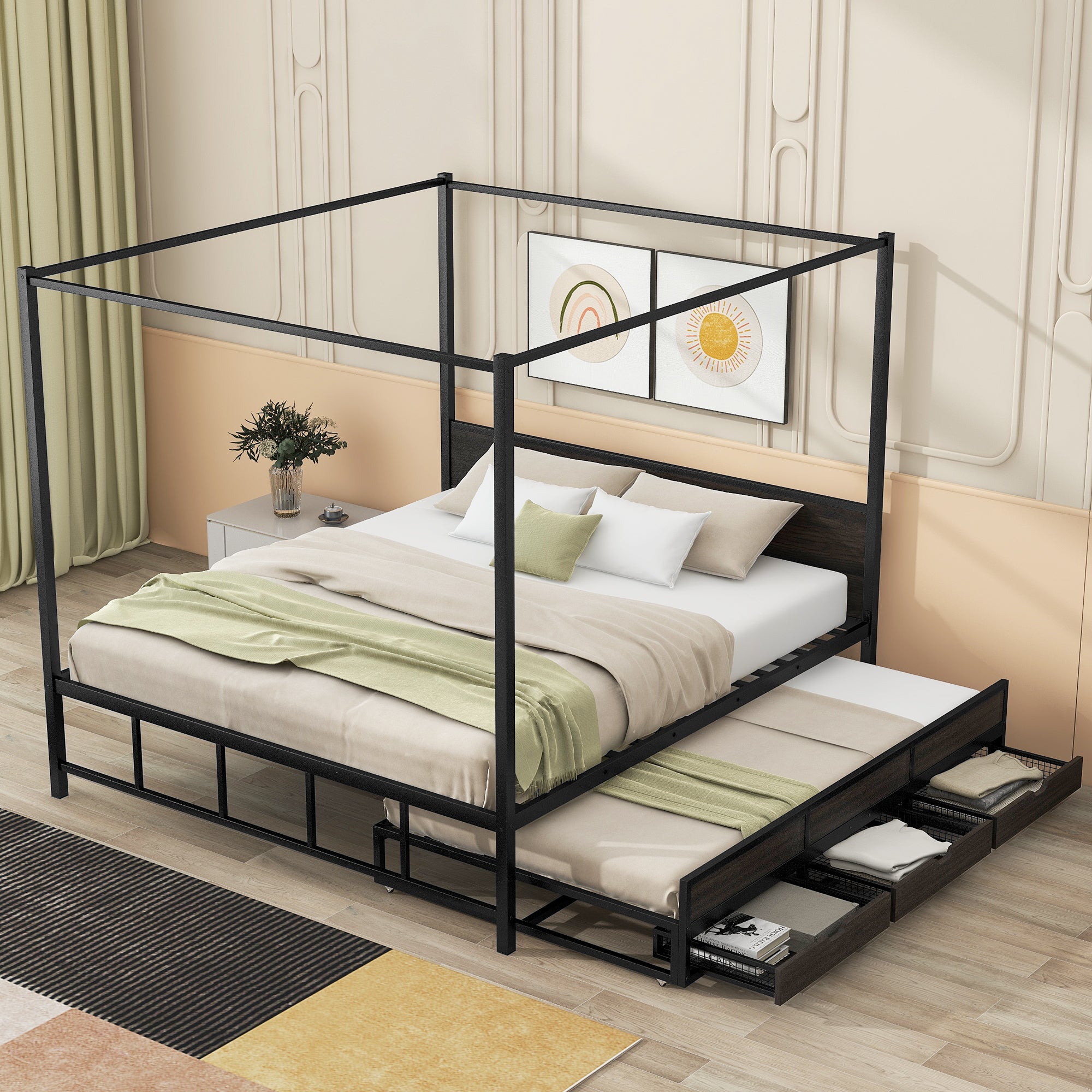 Queen Size Metal Canopy Platform Bed with Twin Size Trundle and 3 Storage Drawers, Black - Atlantic Fine Furniture Melbourne FL