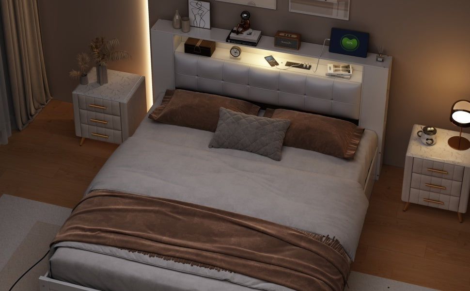 Queen Size Tufted Upholstered Platform Bed with Storage Headboard and Hydraulic Storage System, Modern PU Storage Bed with Motion Activated Night Lights and USB Charger,White
