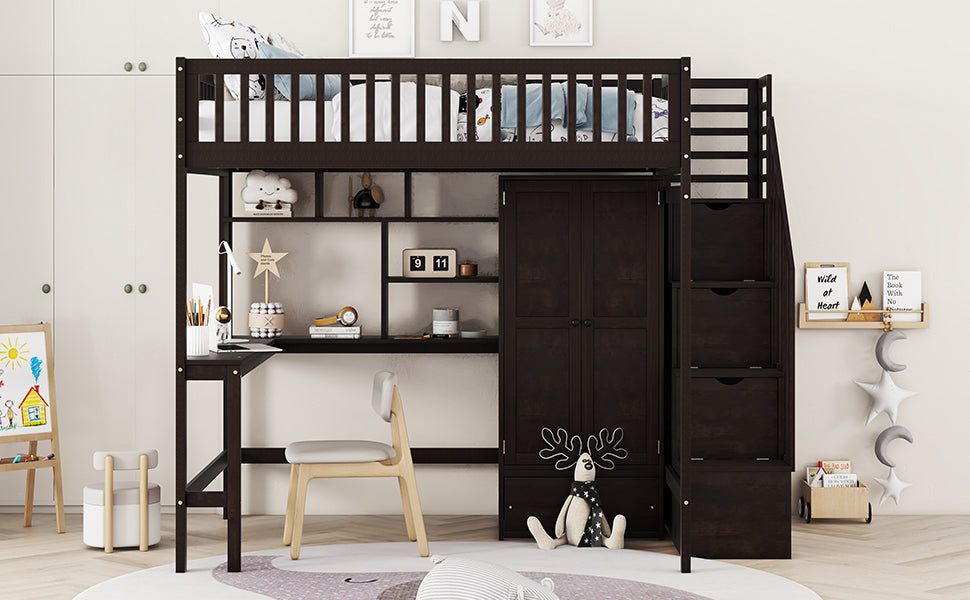 Full size Loft Bed with Bookshelf,Drawers,Desk,and Wardrobe-Espresso