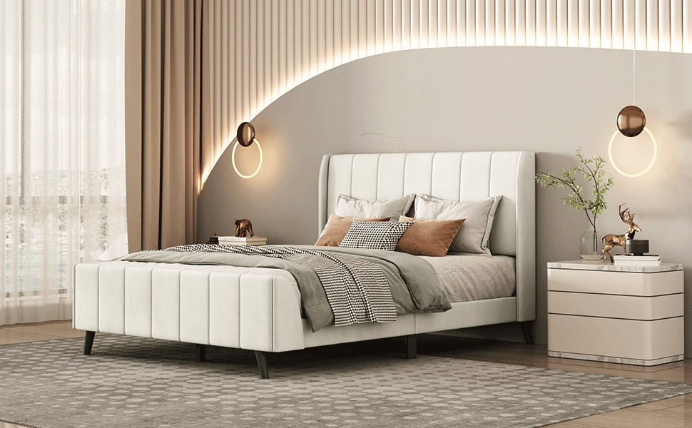 Full Size Upholstered Platform Bed, Velvet, Beige - Atlantic Fine Furniture Melbourne FL