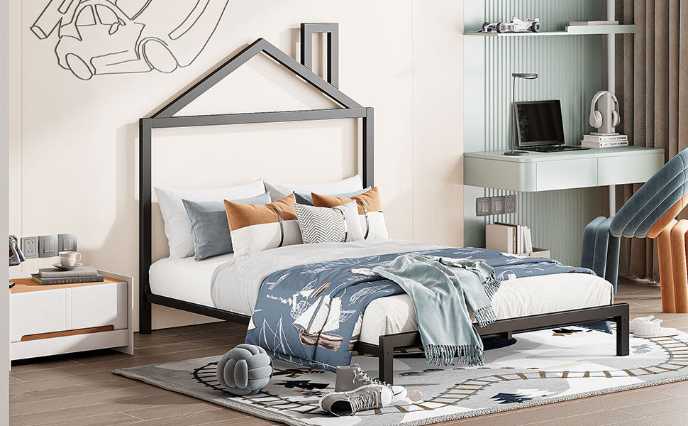 Full Size Metal Platform Bed with House-Shaped Headboard Design, Black - Atlantic Fine Furniture Melbourne FL