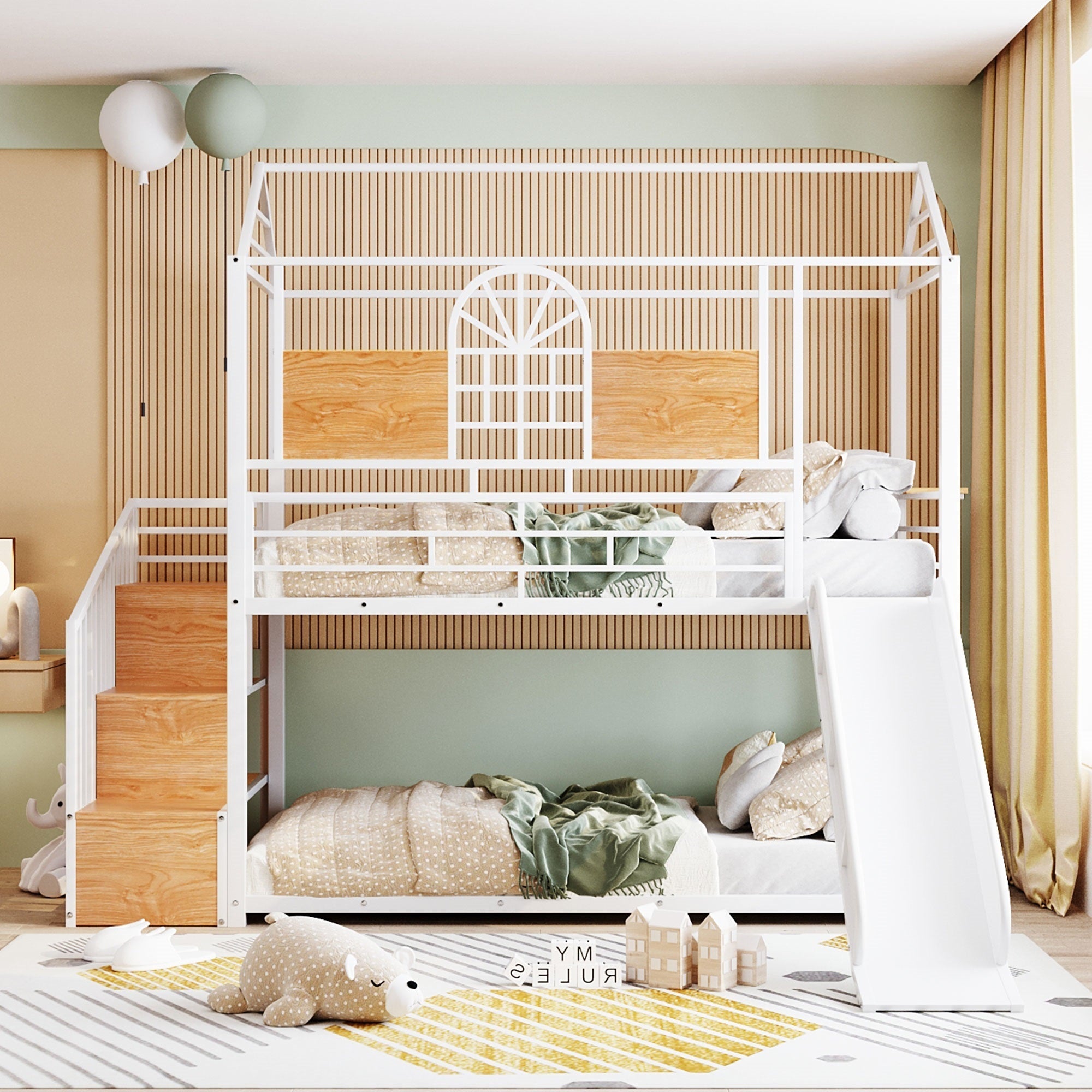 Twin Over Twin Metal Bunk Bed, Metal Housebed with Slide and Storage Stair, White with White Slide - Atlantic Fine Furniture Melbourne FL