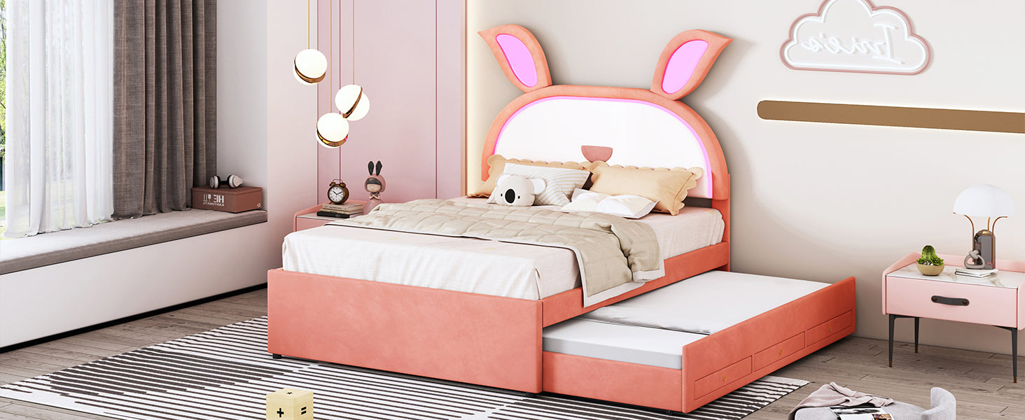 Full Size Upholstered Platform Bed with Trundle and 3 Drawers, Rabbit-Shaped Headboard with Embedded LED Lights, Pink