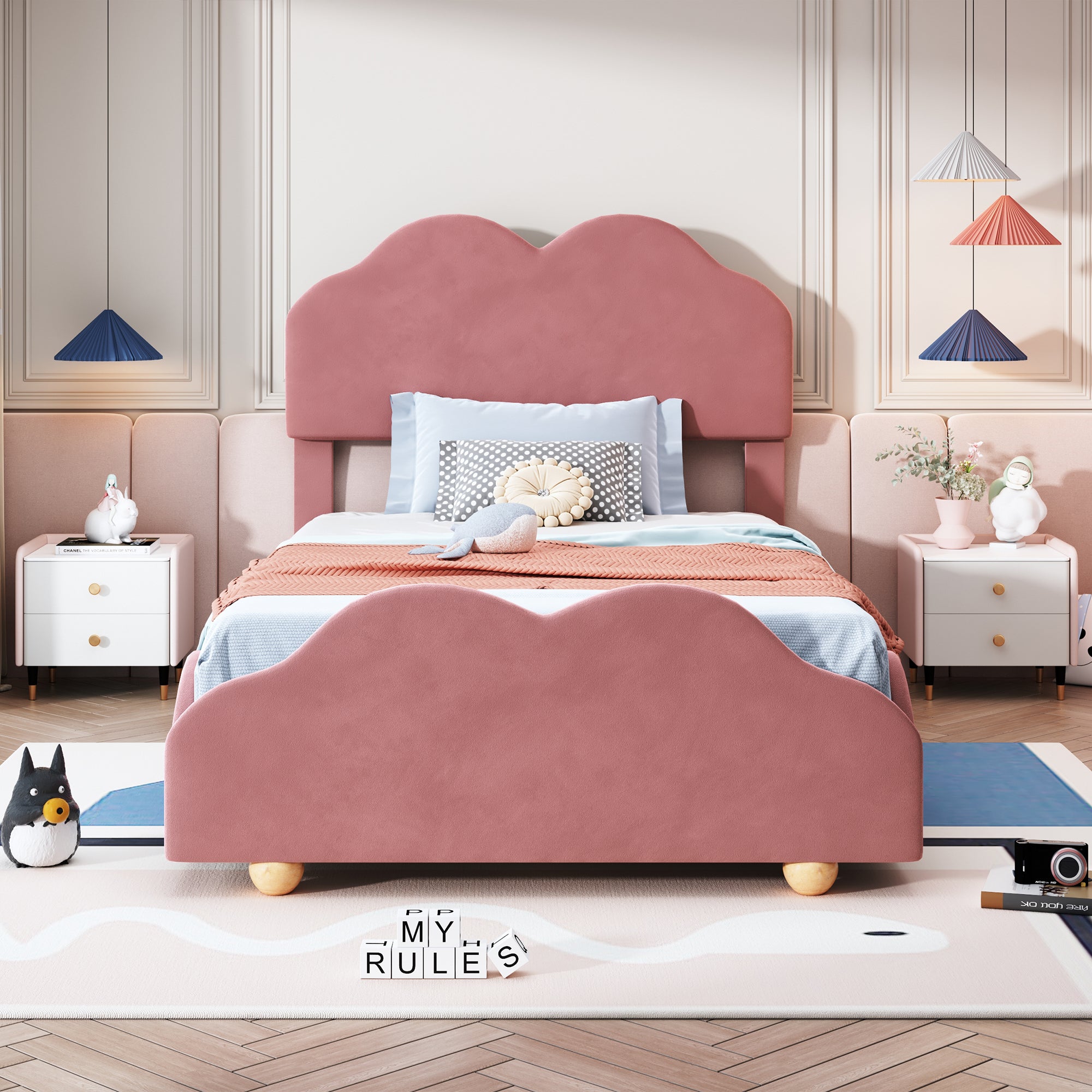 Twin Size Upholstered Platform Bed with Cloud Shaped bed board, Dark Pink - Atlantic Fine Furniture Melbourne FL