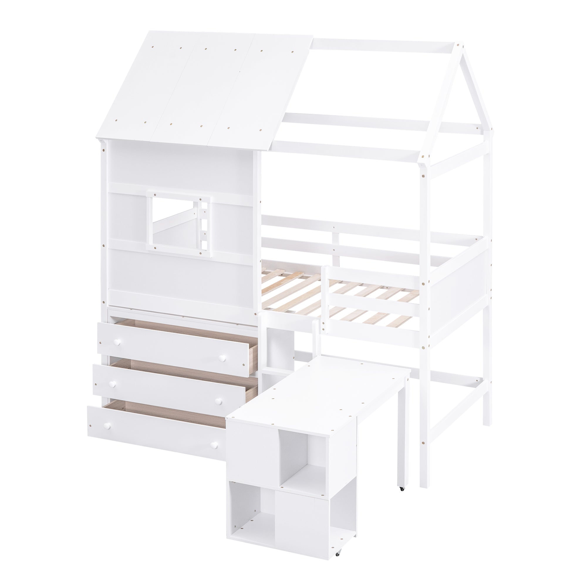 Twin Size House Loft Bed with Storage Desk and 3 Drawer Chest, White - Atlantic Fine Furniture Melbourne FL