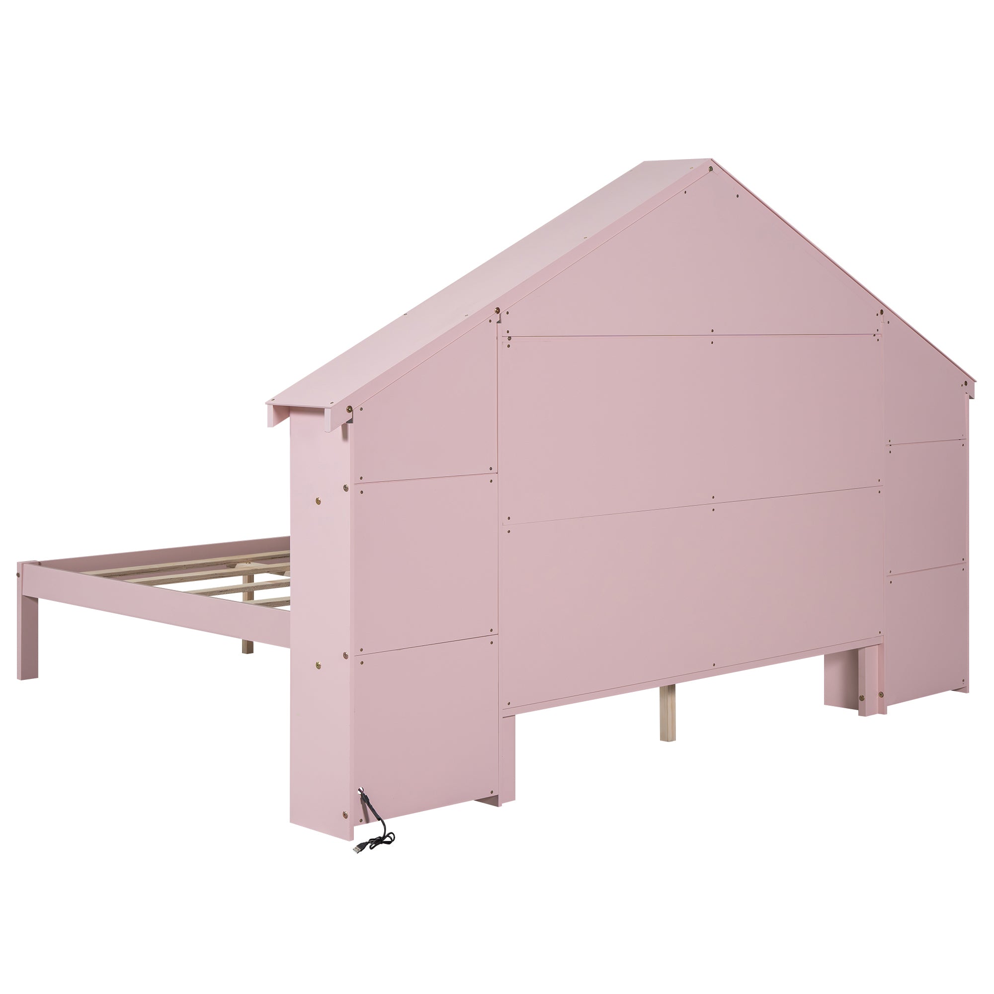 Wood Full Size Platform Bed with House-shaped Storage Headboard and Built-in LED, Pink - Atlantic Fine Furniture Melbourne FL