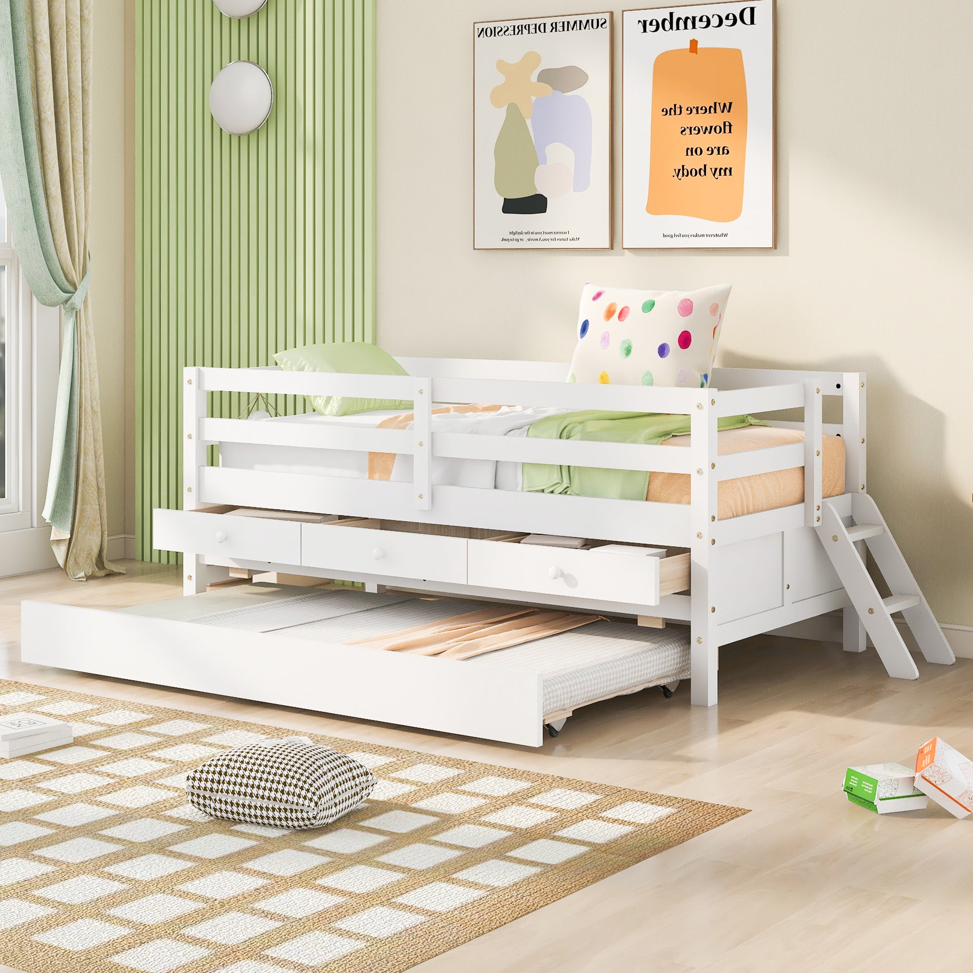 Low Loft Bed Twin Size with Full Safety Fence, Climbing ladder, Storage Drawers and Trundle White Solid Wood Bed - Atlantic Fine Furniture Melbourne FL