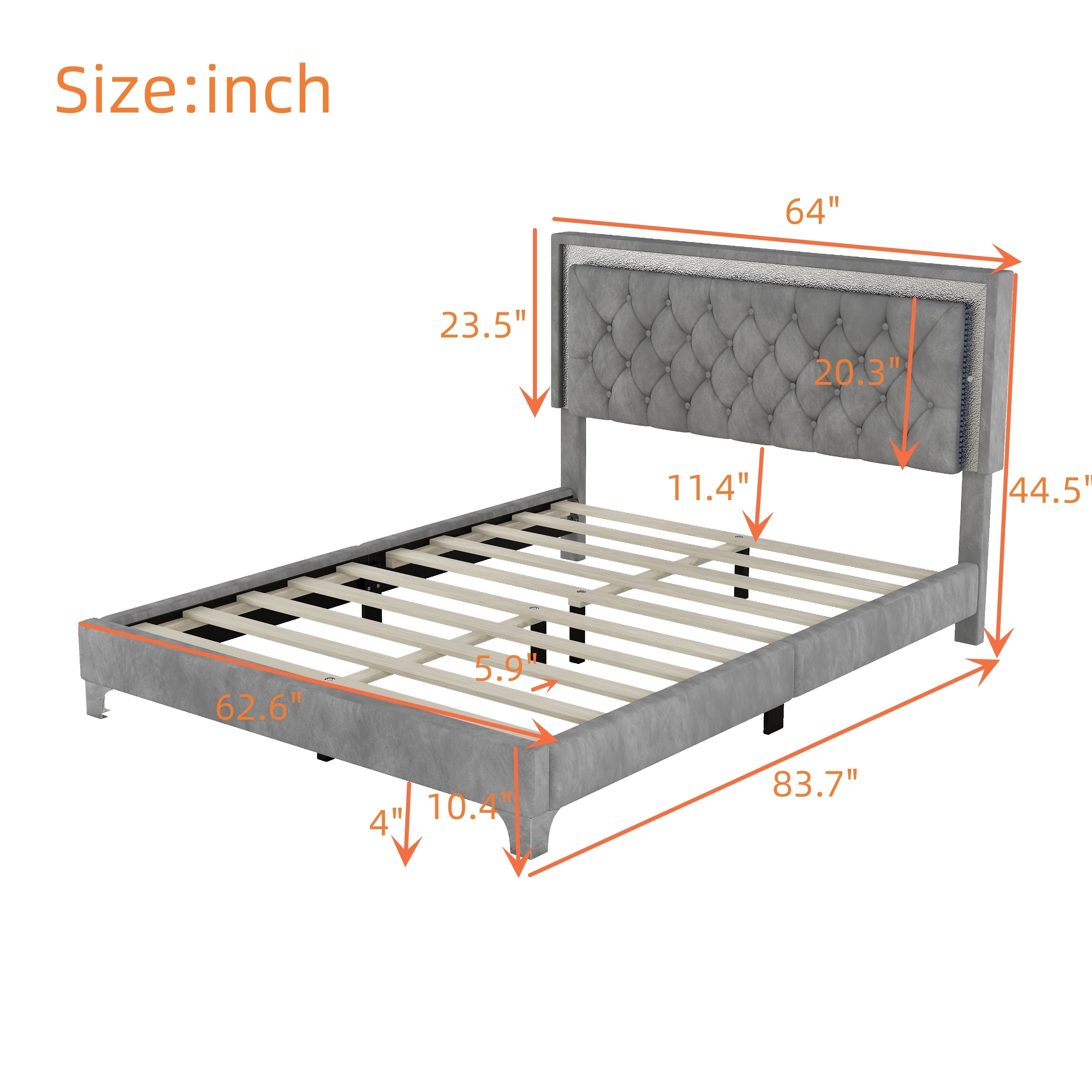 Queen Size Upholstered Bed Frame with LED Lights,Modern Velvet Platform Bed with Tufted Headboard,Gray - Atlantic Fine Furniture Melbourne FL