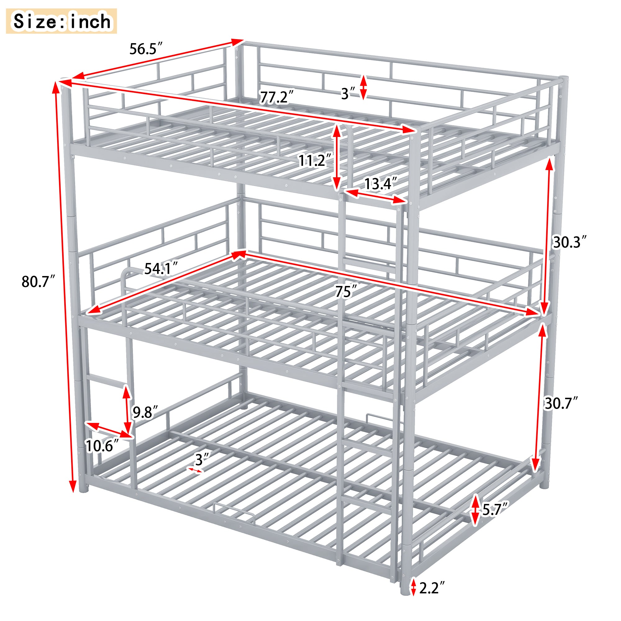 Metal Full Size Triple Bunk Bed, Silver