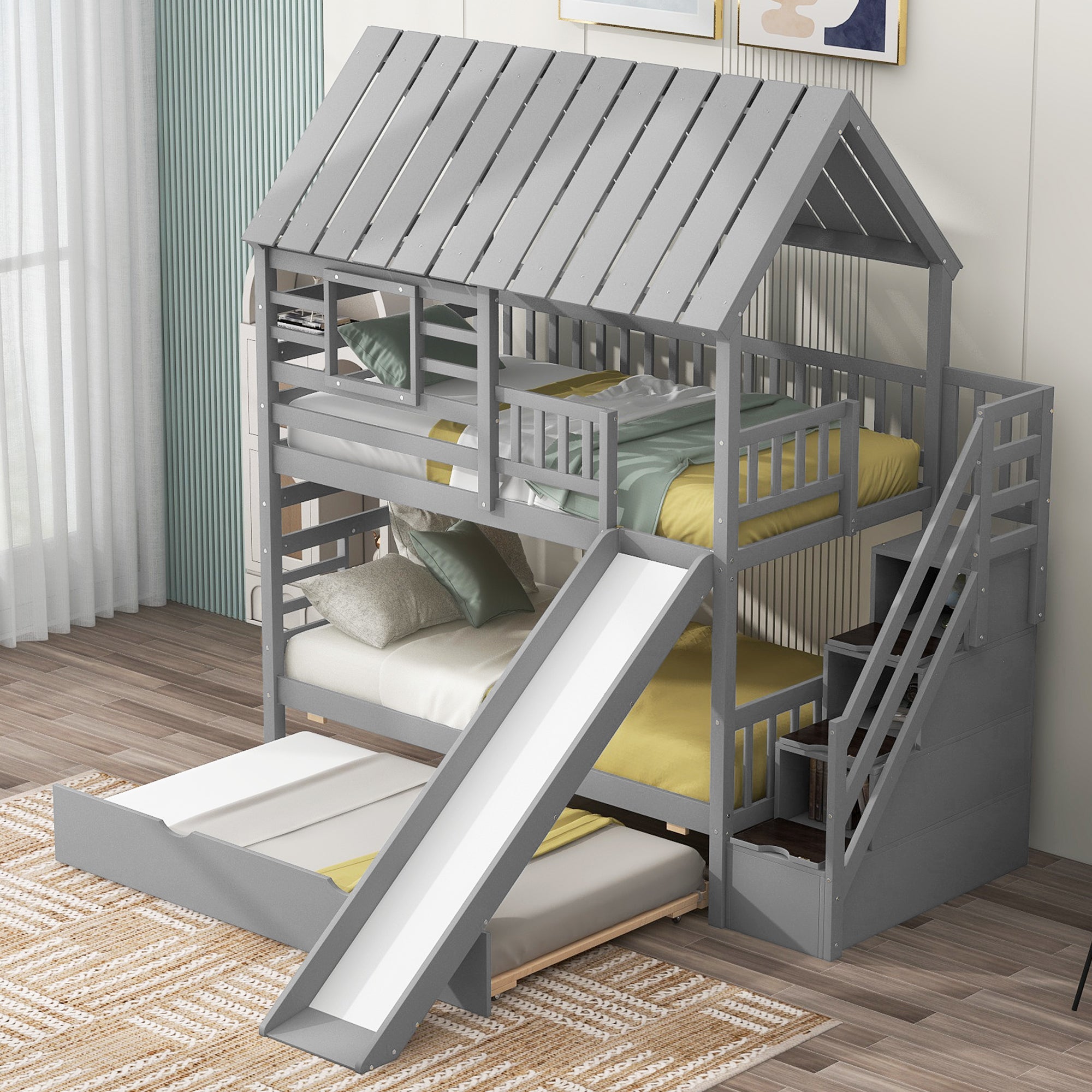 Twin over Twin House Bunk Bed with Trundle and Slide, Storage Staircase, Roof and Window Design, Gray(Old SKU: GX000931AAE) - Atlantic Fine Furniture Melbourne FL