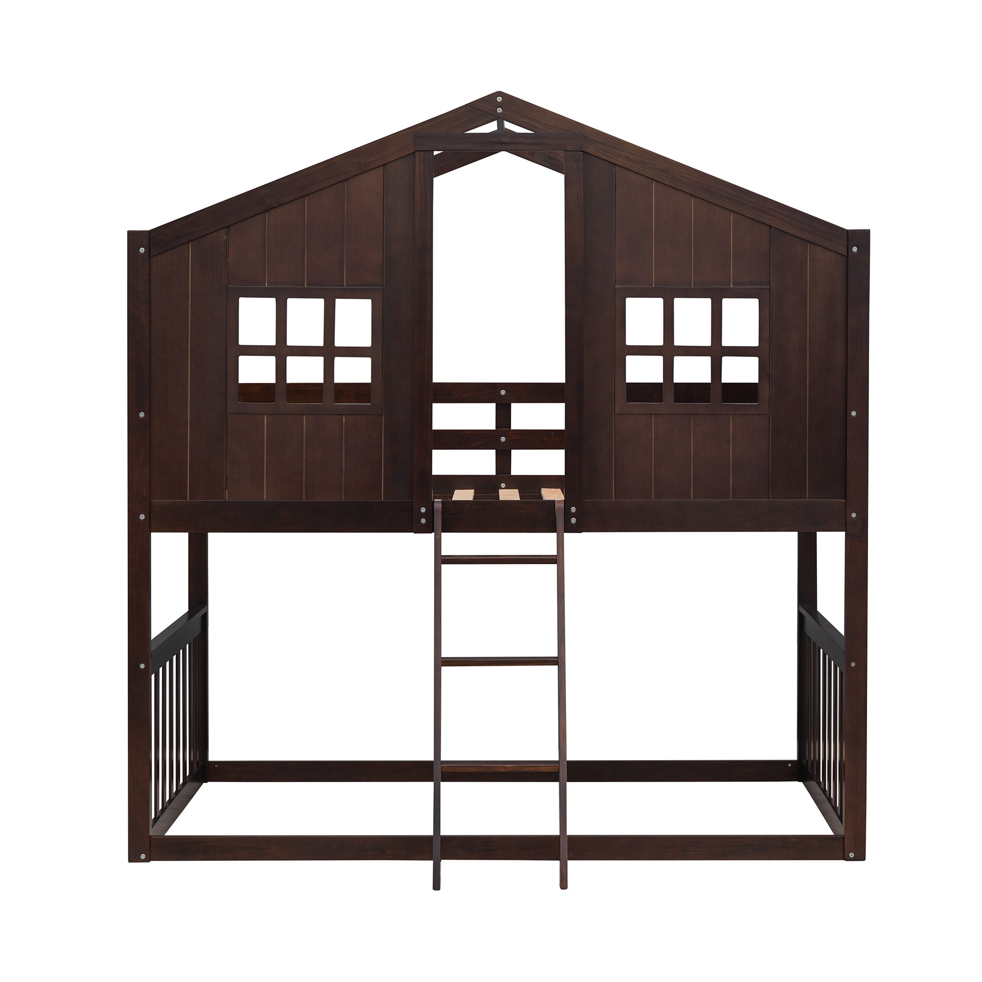 Twin Over Twin House Bunk Bed With Ladder, Wood Bed-Espresso - Atlantic Fine Furniture Melbourne FL