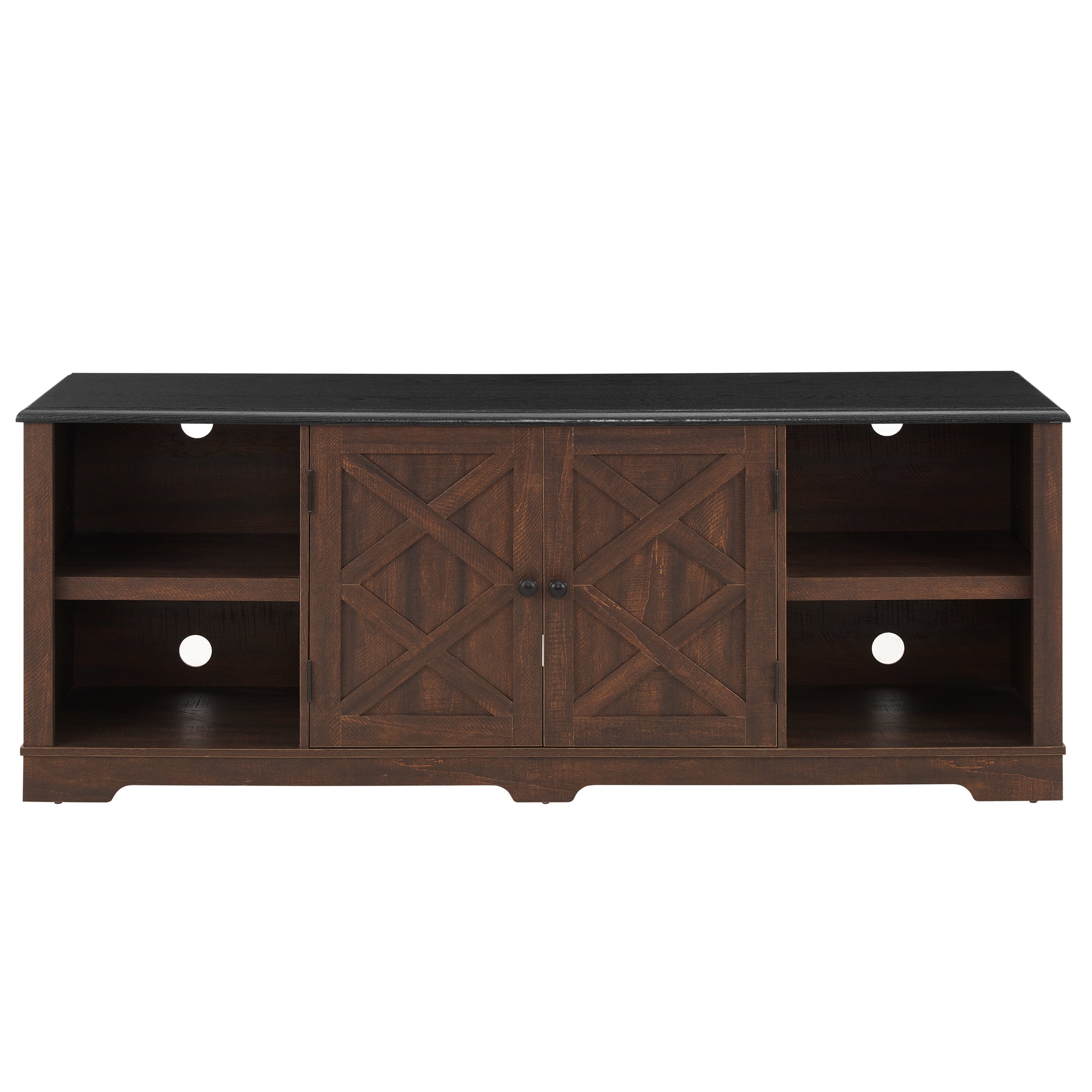 Modern Farmhouse TV Media Stand, Large Barn Inspired Home Entertainment Console, for TV Up to 80'', with Open Shelves and Closed Cabinets, Espresso and Black, 70"W*15.55"D*26.89"H