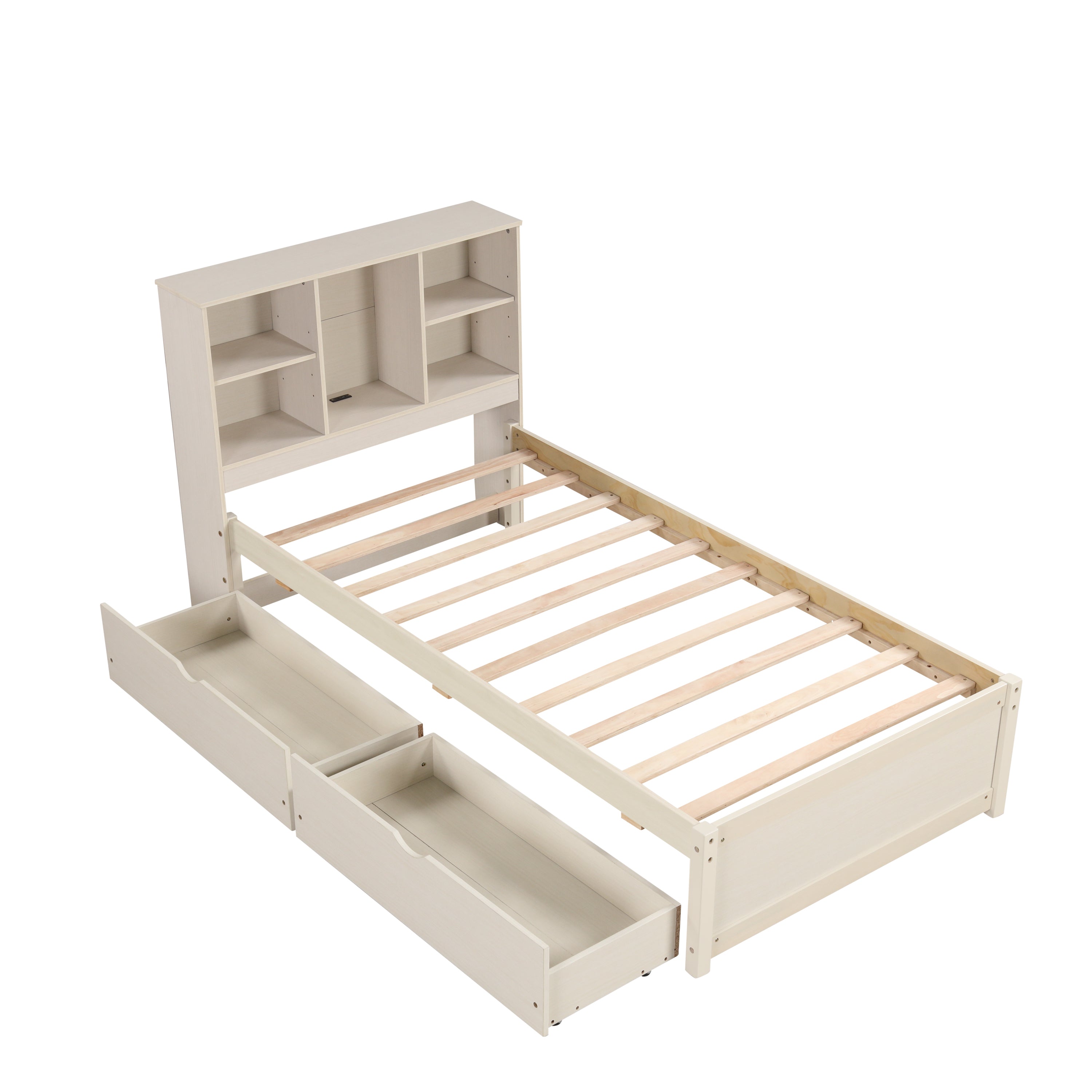 Modern Twin Size Bed Frame With Built-in USB Port on Bookcase Headboard and 2 Drawers for White Washed Color - Atlantic Fine Furniture Melbourne FL