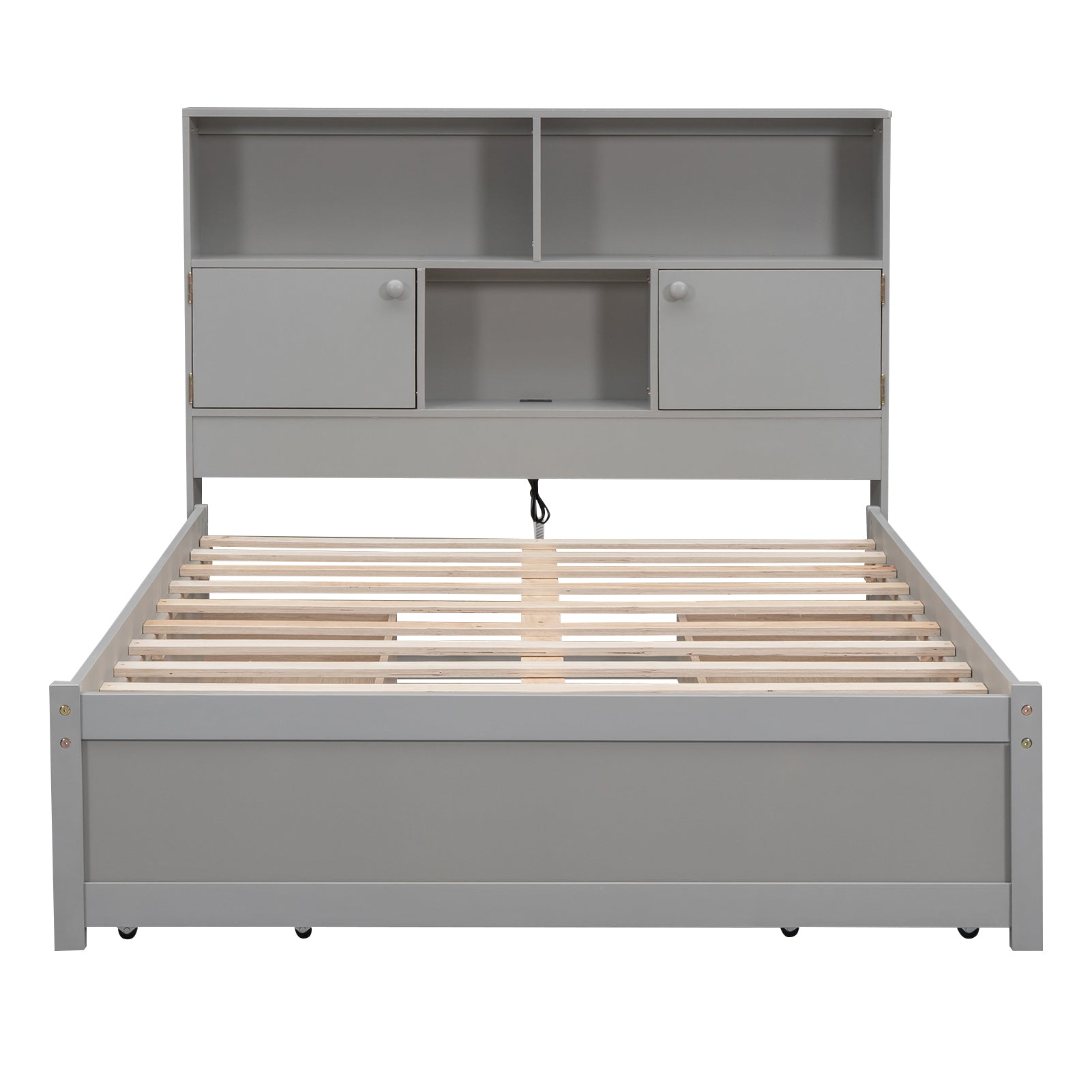 Full Size Platform Bed with Storage Headboard, Charging Station and 4 Drawers, Gray - Atlantic Fine Furniture Melbourne FL