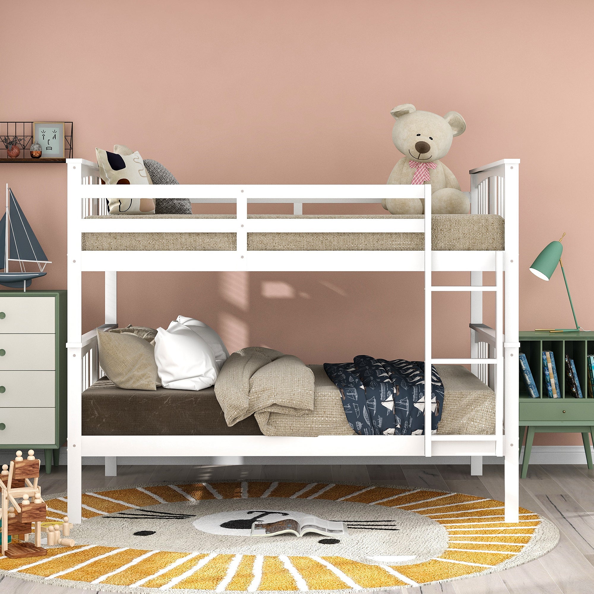 Full over Full Bunk Bed with Ladder for Bedroom, Guest Room Furniture-White(OLD SKU :LP000203AAK)