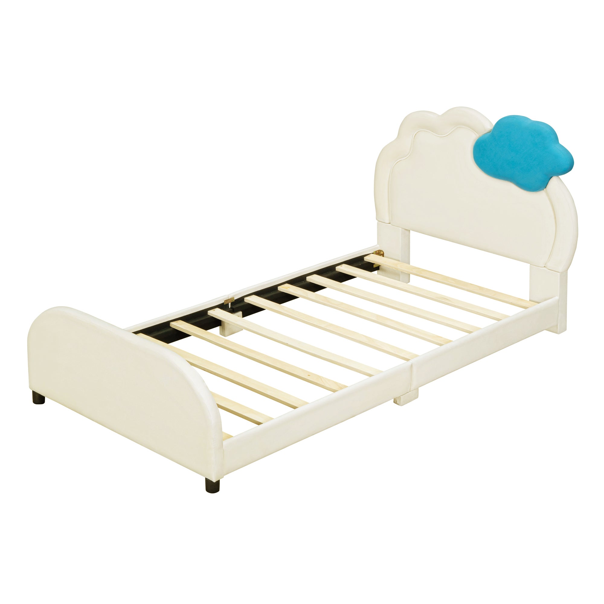 Twin Size Upholstered Platform Bed with Cloud-Shaped Headboard and Embedded Light Stripe, Velvet, Beige - Atlantic Fine Furniture Melbourne FL