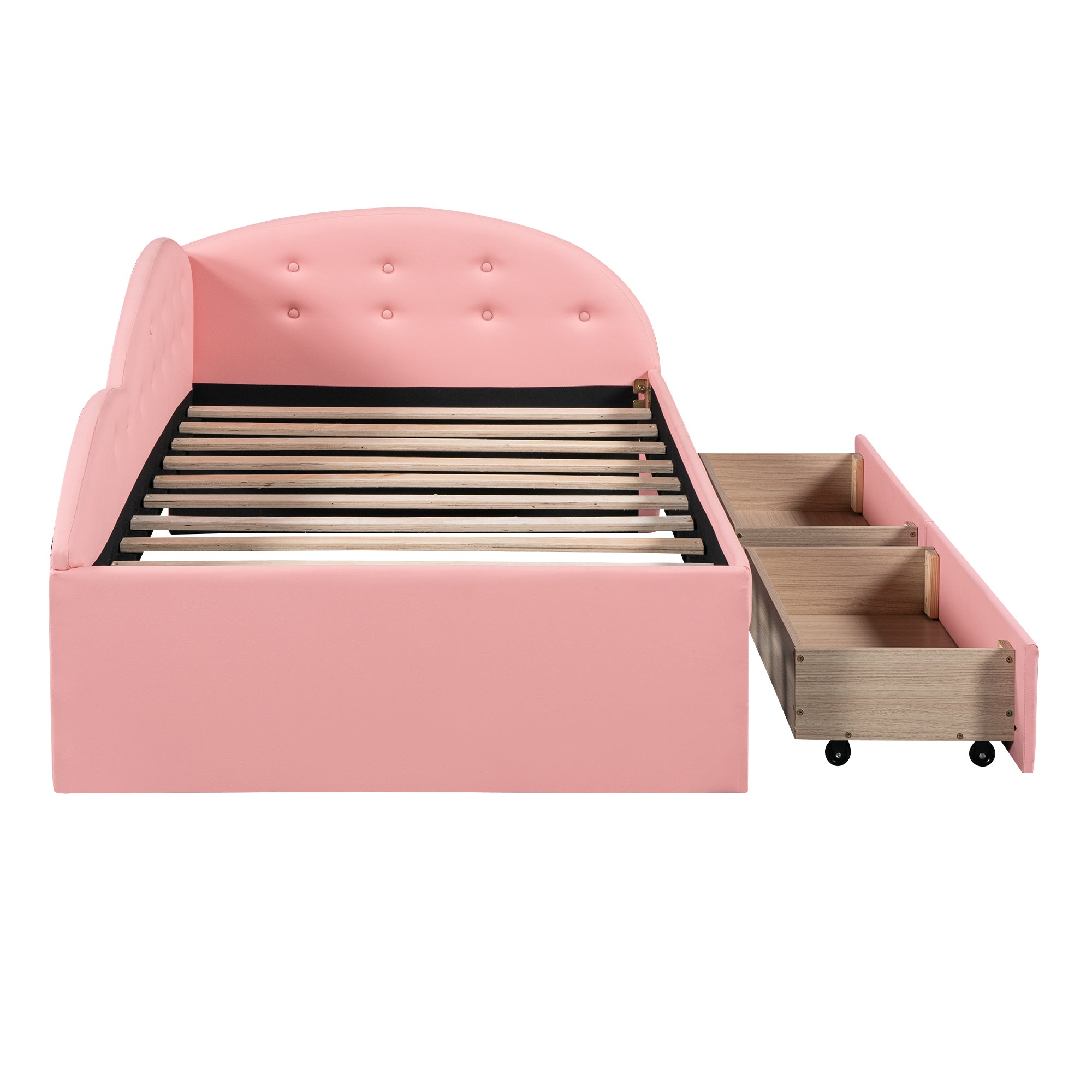 Twin Size PU Upholstered Tufted Daybed with Two Drawers and Cloud Shaped Guardrail, Pink - Atlantic Fine Furniture Melbourne FL