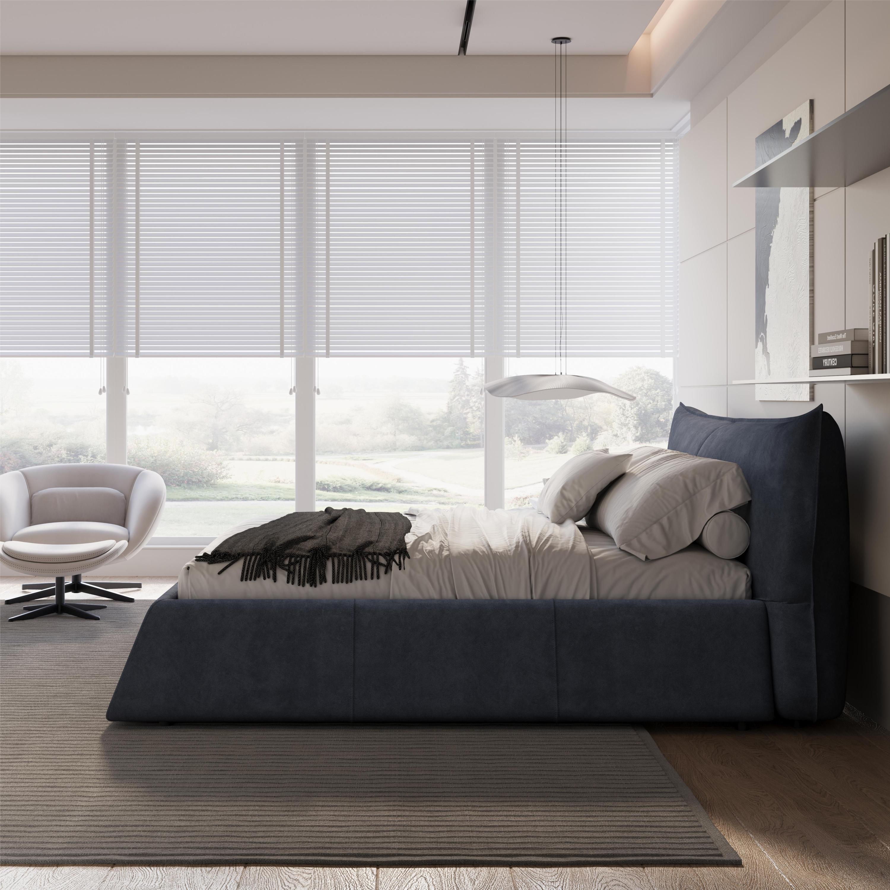 King Size Upholstered Platform Bed with Special Shaped Velvet Headboard, Metal & Solid Wood Frame,Grey