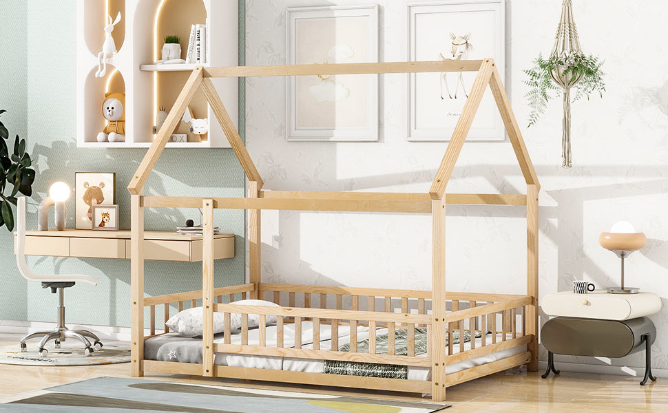 Full Size Floor Wooden Bed with House Roof Frame, Fence Guardrails ,Natural