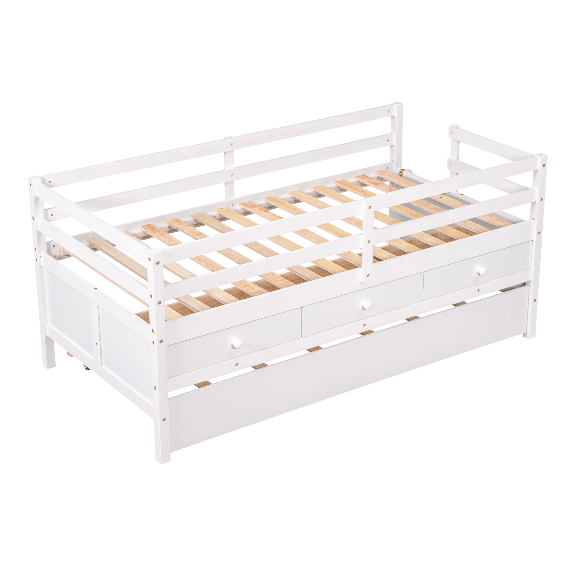 Low Loft Bed Twin Size with Full Safety Fence, Climbing ladder, Storage Drawers and Trundle White Solid Wood Bed - Atlantic Fine Furniture Melbourne FL