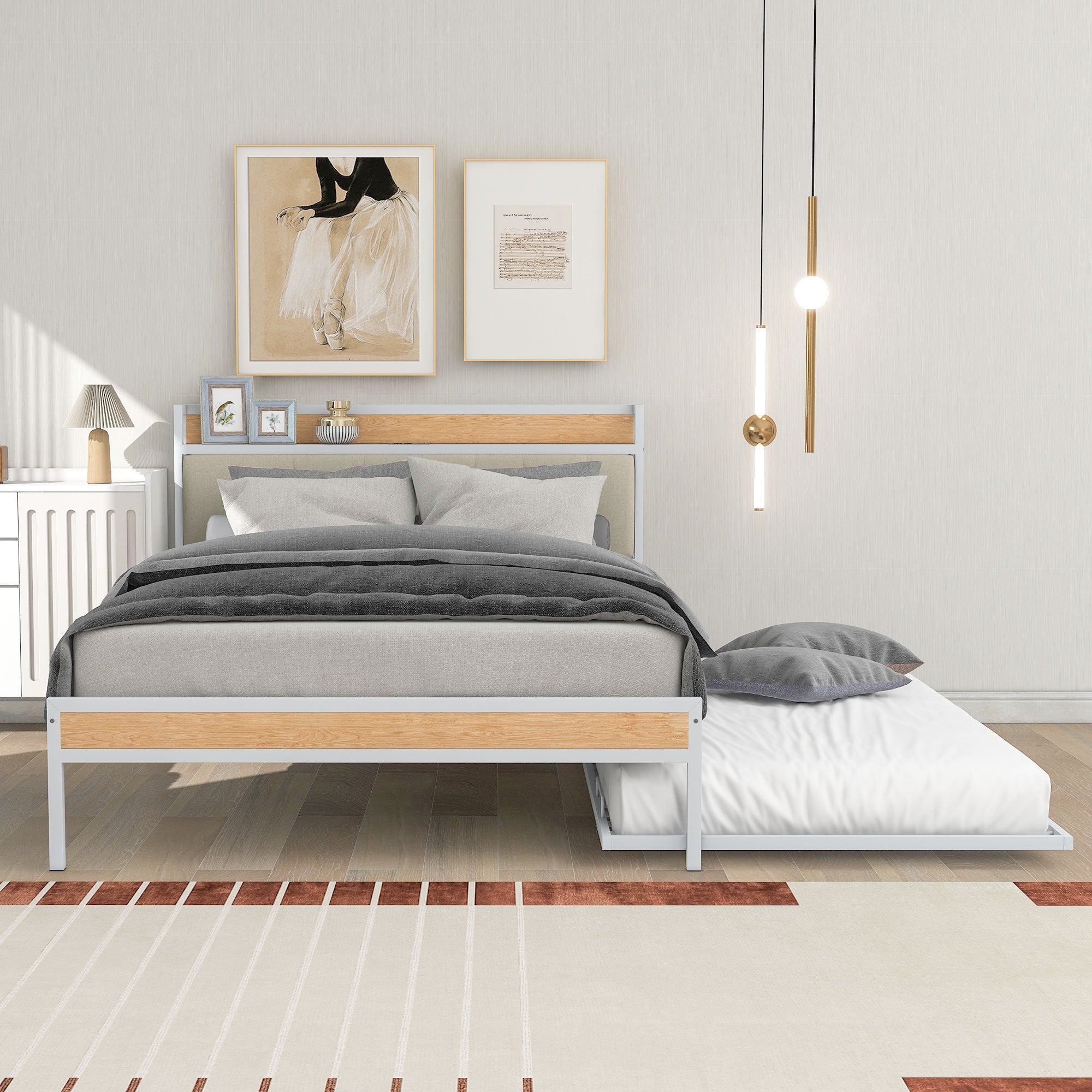 Full Size Metal Platform Bed Frame with Twin size trundle, Upholstered headboard, Sockets, USB Ports and Slat Support, No Box Spring Needed, White - Atlantic Fine Furniture Melbourne FL