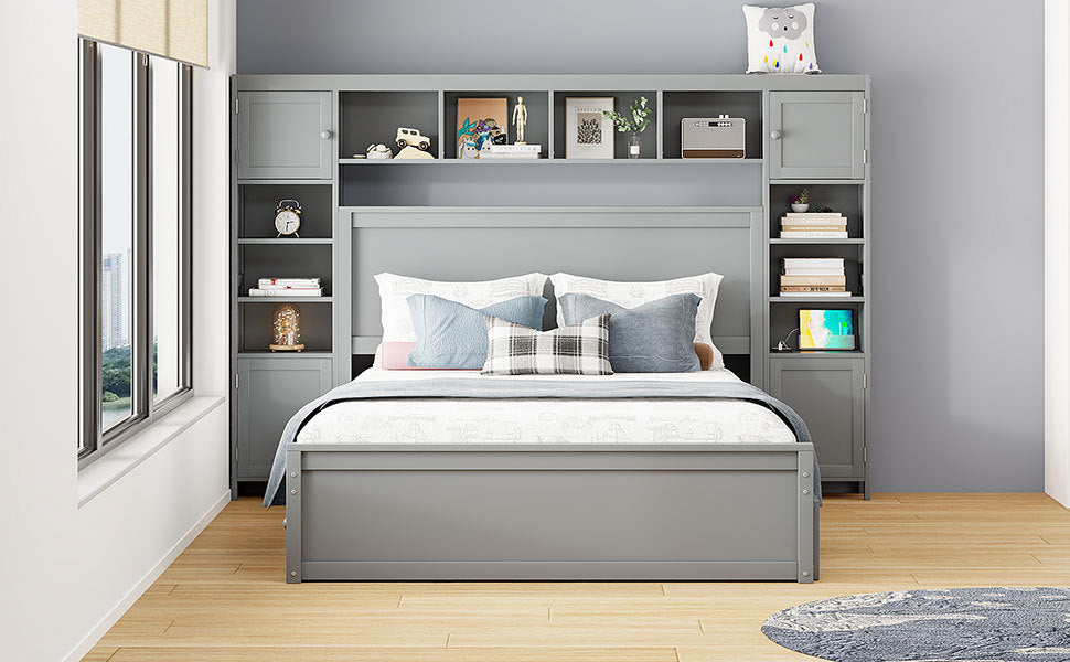 Queen Size Wooden Bed With All-in-One Cabinet, Shelf and Sockets, Gray - Atlantic Fine Furniture Melbourne FL