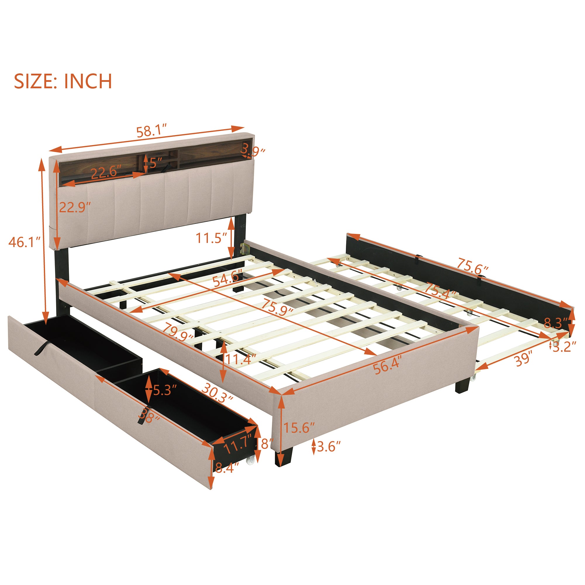 Full size Upholstered Platform Bed with Storage Headboard, Twin Size Trundle & 2 drawers and a set of Sockets & USB Ports, Linen Fabric, Beige - Atlantic Fine Furniture Melbourne FL