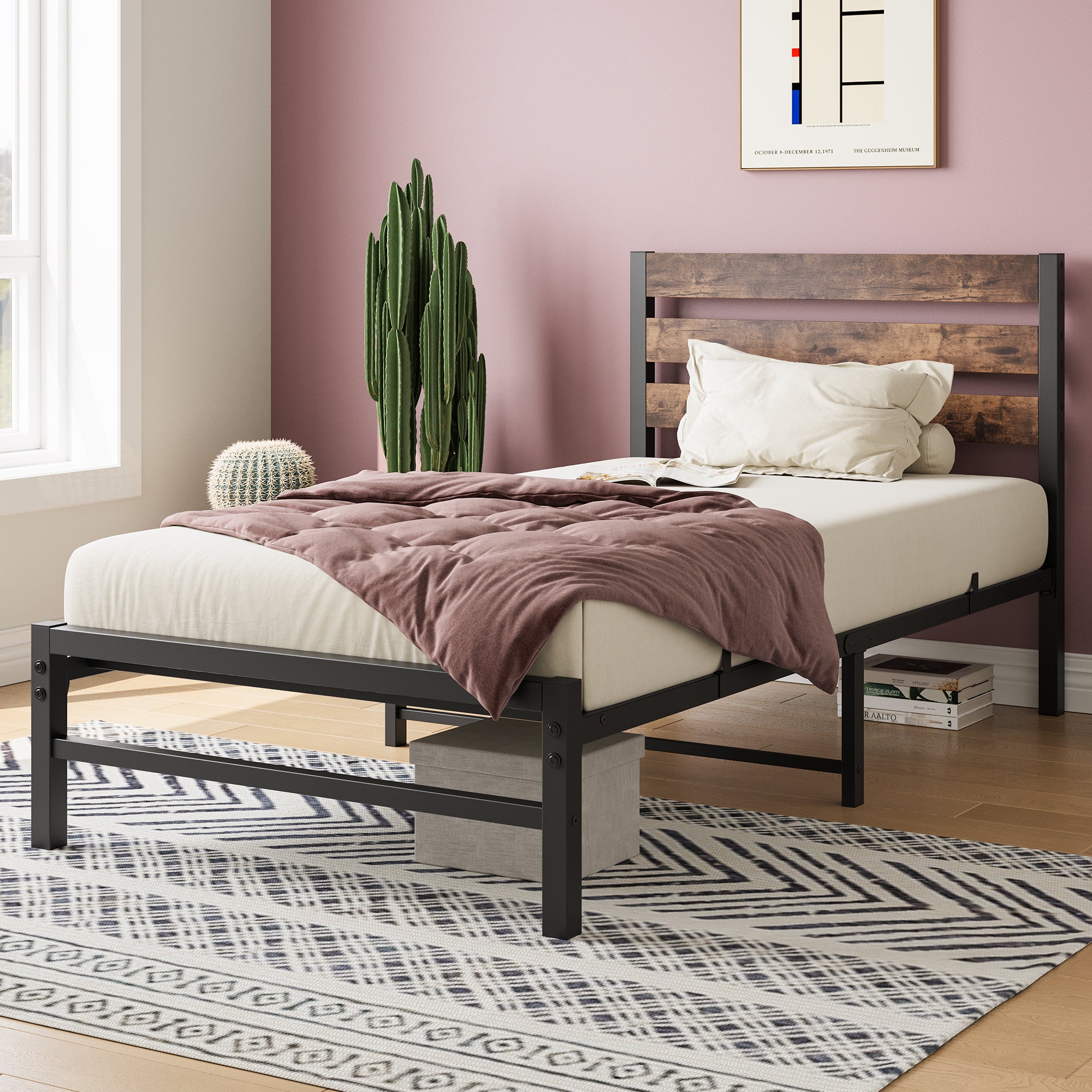 Twin Size Platform Bed Frame with Rustic Vintage Wood Headboard, Strong Metal Slats Support Mattress Foundation, No Box Spring Needed Rustic Brown - Atlantic Fine Furniture Melbourne FL
