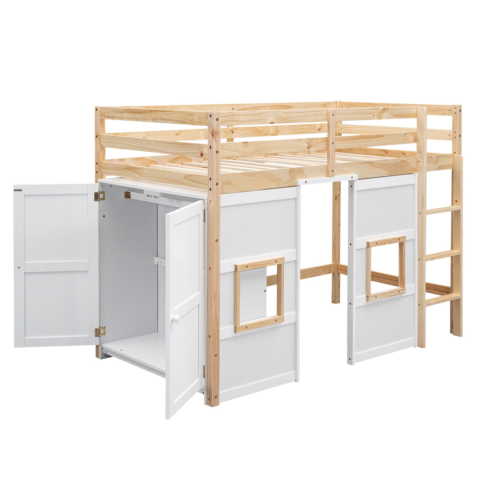 Wood Twin Size Loft Bed with Built-in Storage Wardrobe and 2 Windows, Natural/White - Atlantic Fine Furniture Melbourne FL