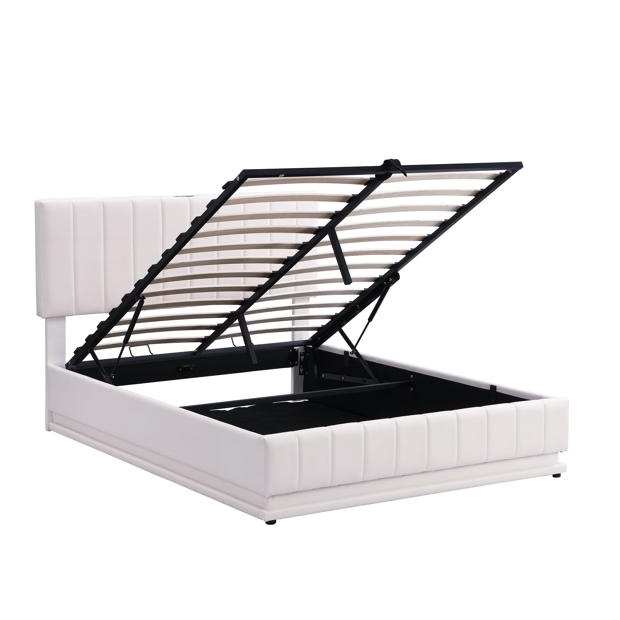 Full Size Upholstered Bed with Hydraulic Storage System and LED Light, Modern Platform Bed with Sockets and USB Ports, White - Atlantic Fine Furniture Melbourne FL