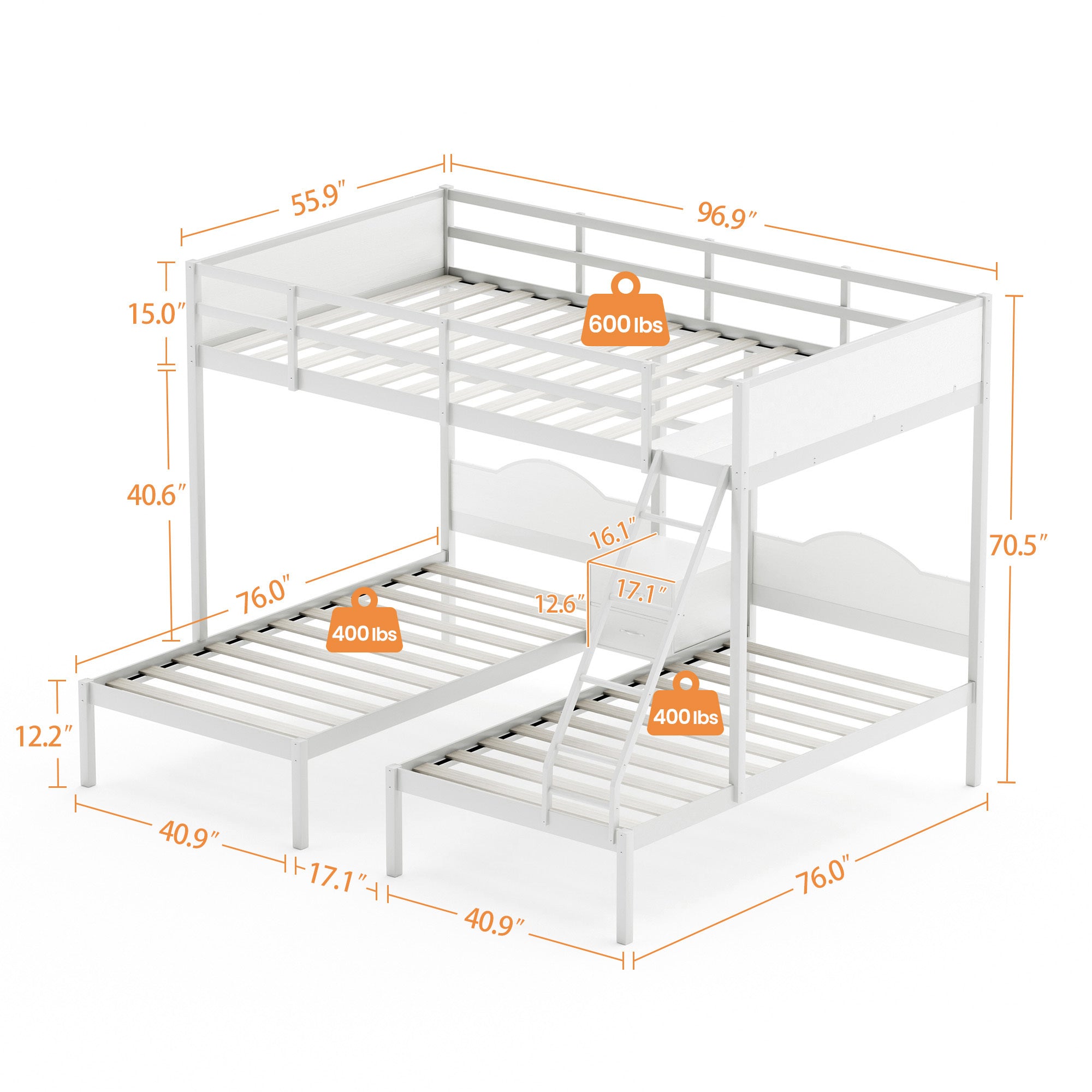 Full Over Twin & Twin Bunk Bed Metal Triple Bed With Nightstand and Guardrails. White, 96.9'' L x 76'' W x 69'' H