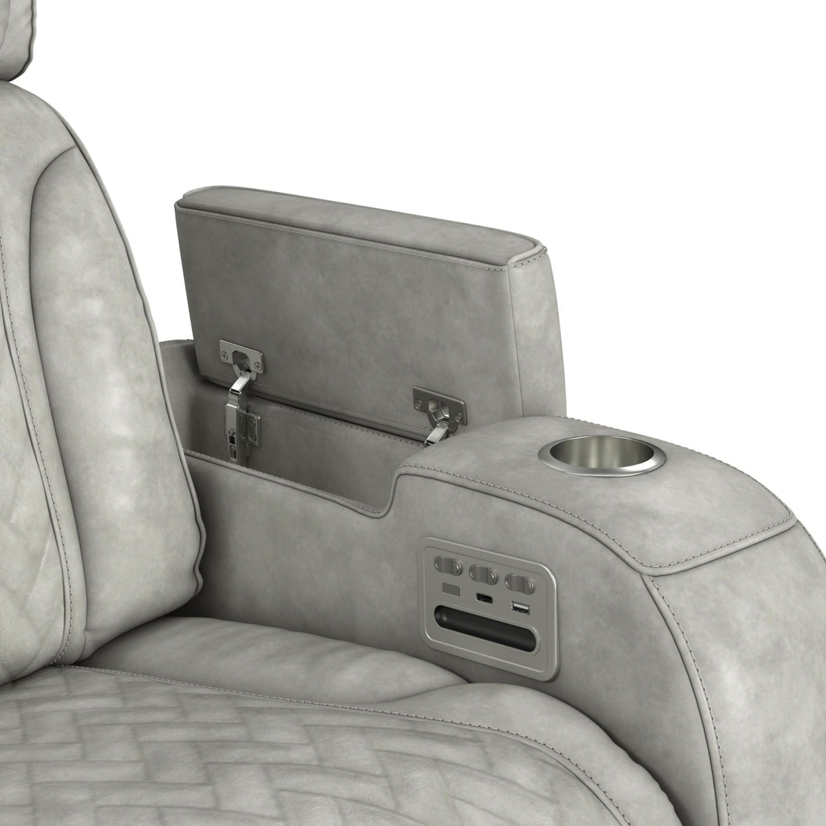 Prime Time P3 Loveseat With Console, 7 Colors Led, Cup Holders And Wireless Charger Controller in Leather Gel Light Gray by Elements International, view 5