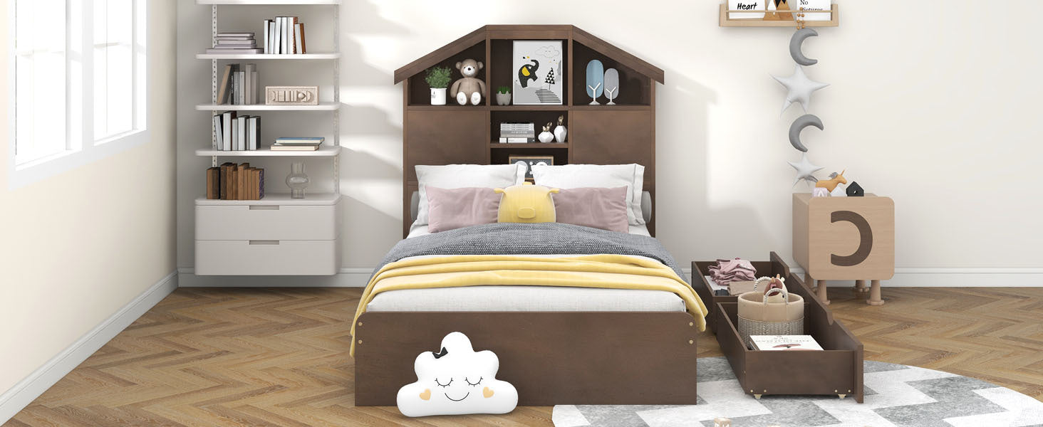 Twin Size Wood Platform Bed with House-shaped Storage Headboard and 2 Drawers, Walnut - Atlantic Fine Furniture Melbourne FL