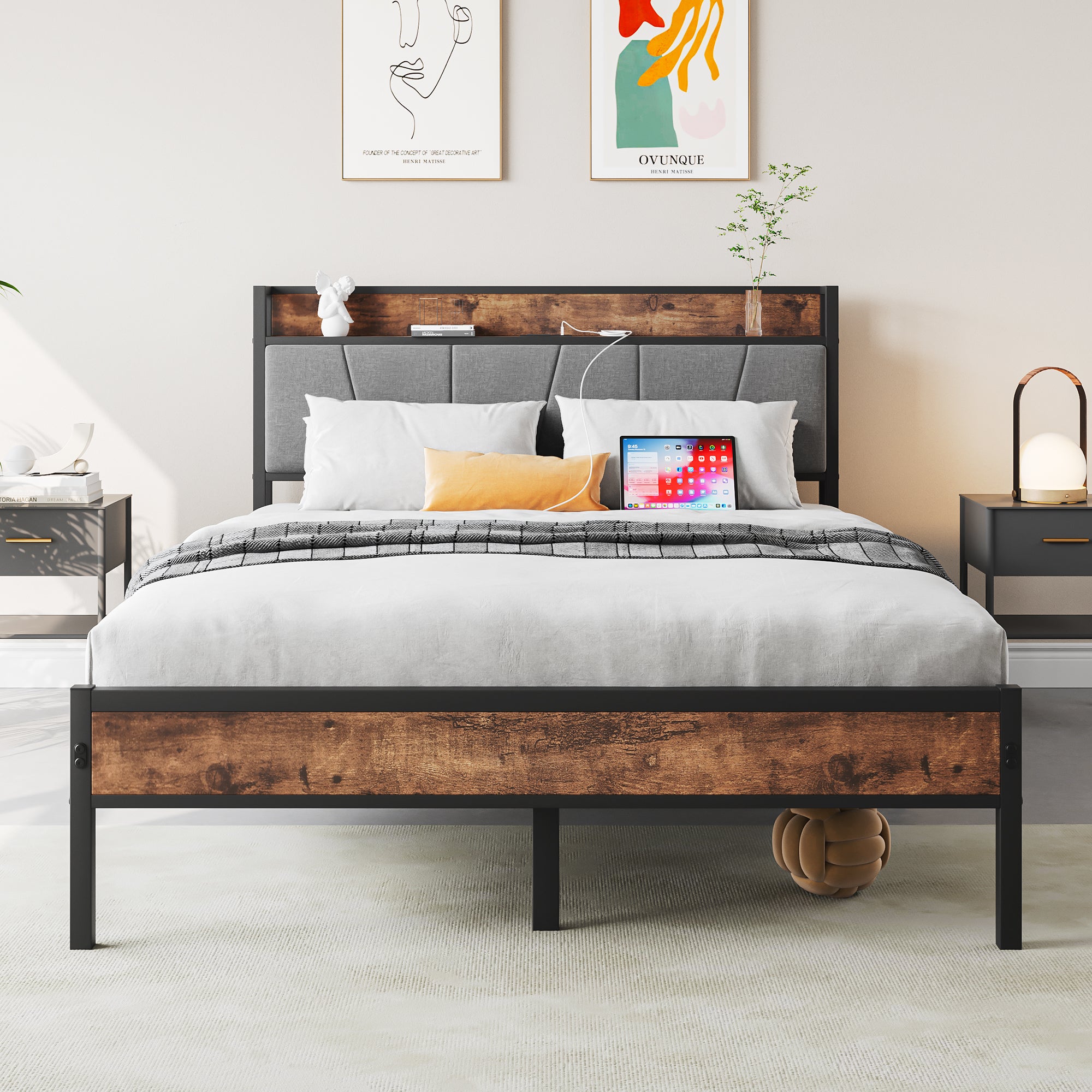 Full Size Bed Frame, Storage Headboard with Charging Station, Solid and Stable, Noise Free, No Box Spring Needed, Easy Assembly,Vintage Brown and Gray - Atlantic Fine Furniture Melbourne FL