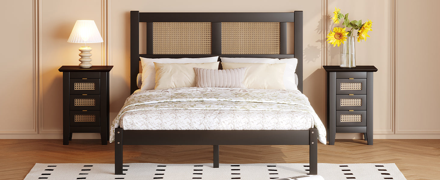 Full Size Wooden Platform Bed with Natural Rattan Headboard, Exquisite Elegance with Minimalist Charm for Bedroom, Black - Atlantic Fine Furniture Melbourne FL