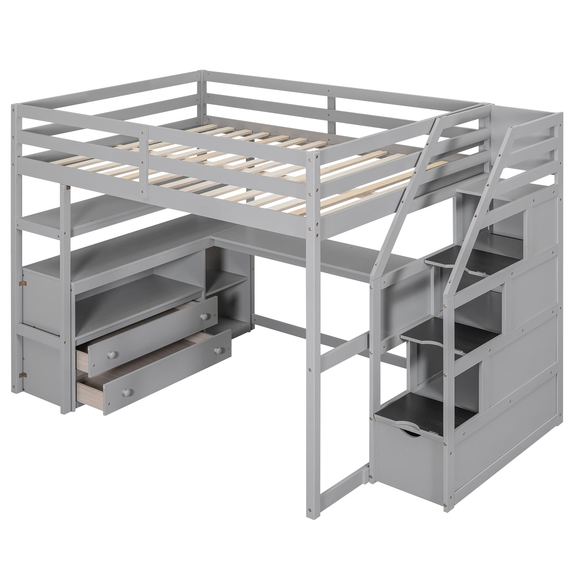 Full Size Loft Bed with Desk and Shelves, Two Built-in Drawers, Storage Staircase, Gray - Atlantic Fine Furniture Melbourne FL