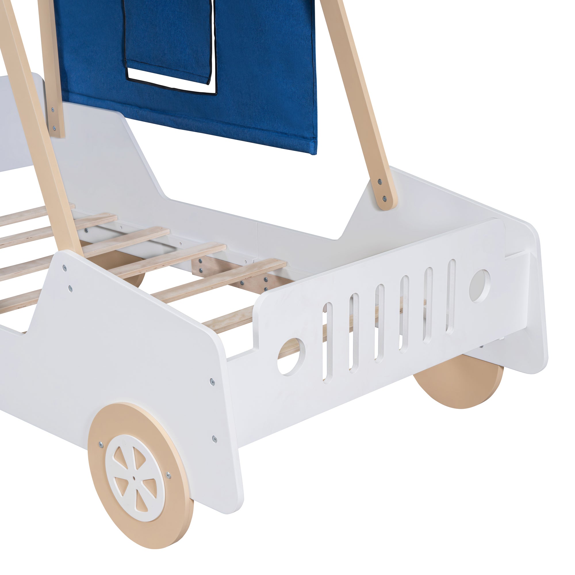 Twin Size Car Shaped Bed with Tents,White+Natural - Atlantic Fine Furniture Melbourne FL