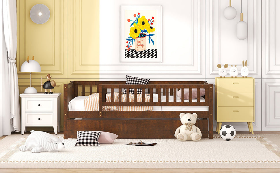 Twin Size Wood Daybed with Trundle and Fence Guardrails, Walnut - Atlantic Fine Furniture Melbourne FL