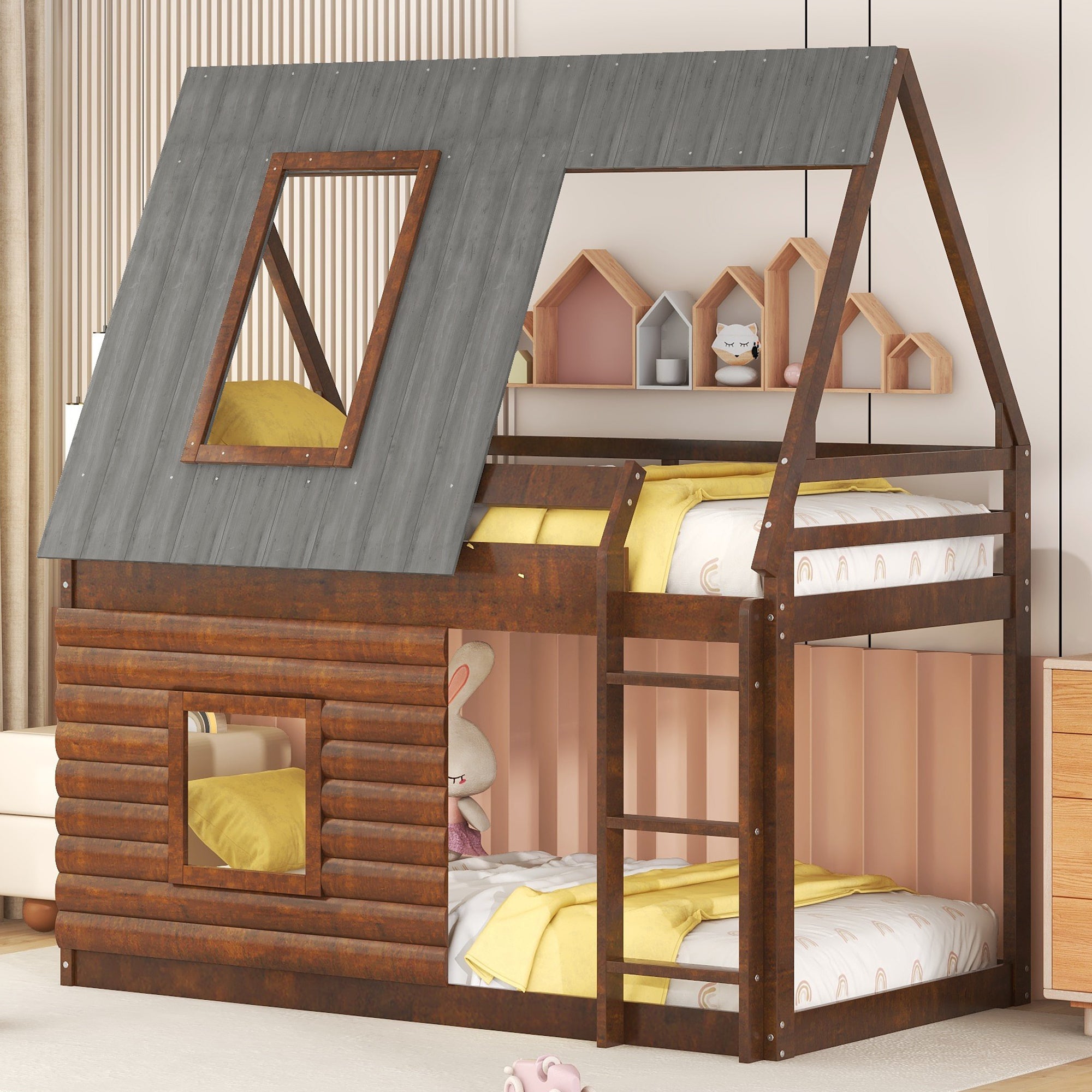 Wood Twin Size House Bunk Bed with Roof, Ladder and 2 Windows, Oak & Smoky Grey - Atlantic Fine Furniture Melbourne FL