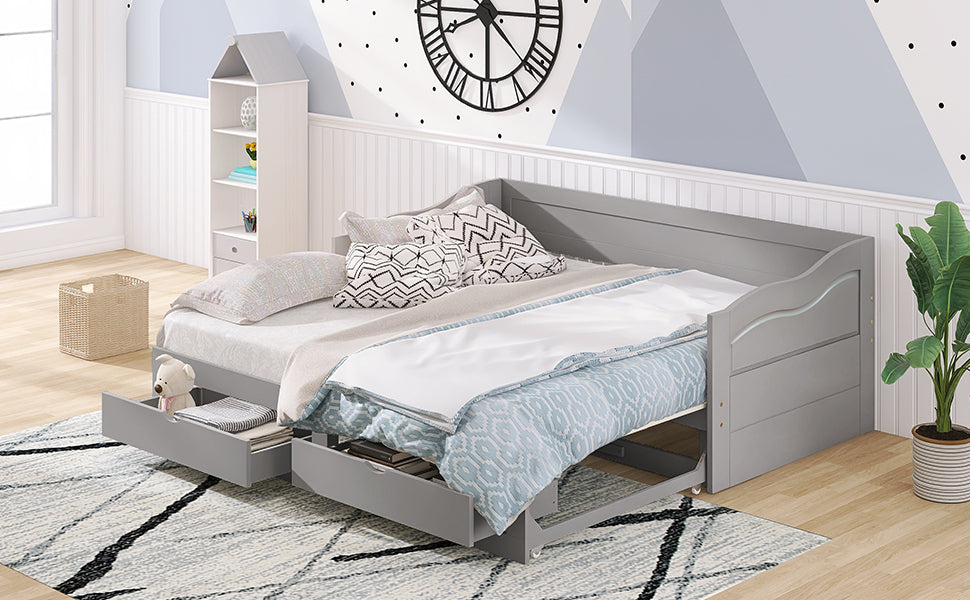 Wooden Daybed with Trundle Bed and Two Storage Drawers , Extendable Bed Daybed,Sofa Bed with Two Drawers, Gray - Atlantic Fine Furniture Melbourne FL