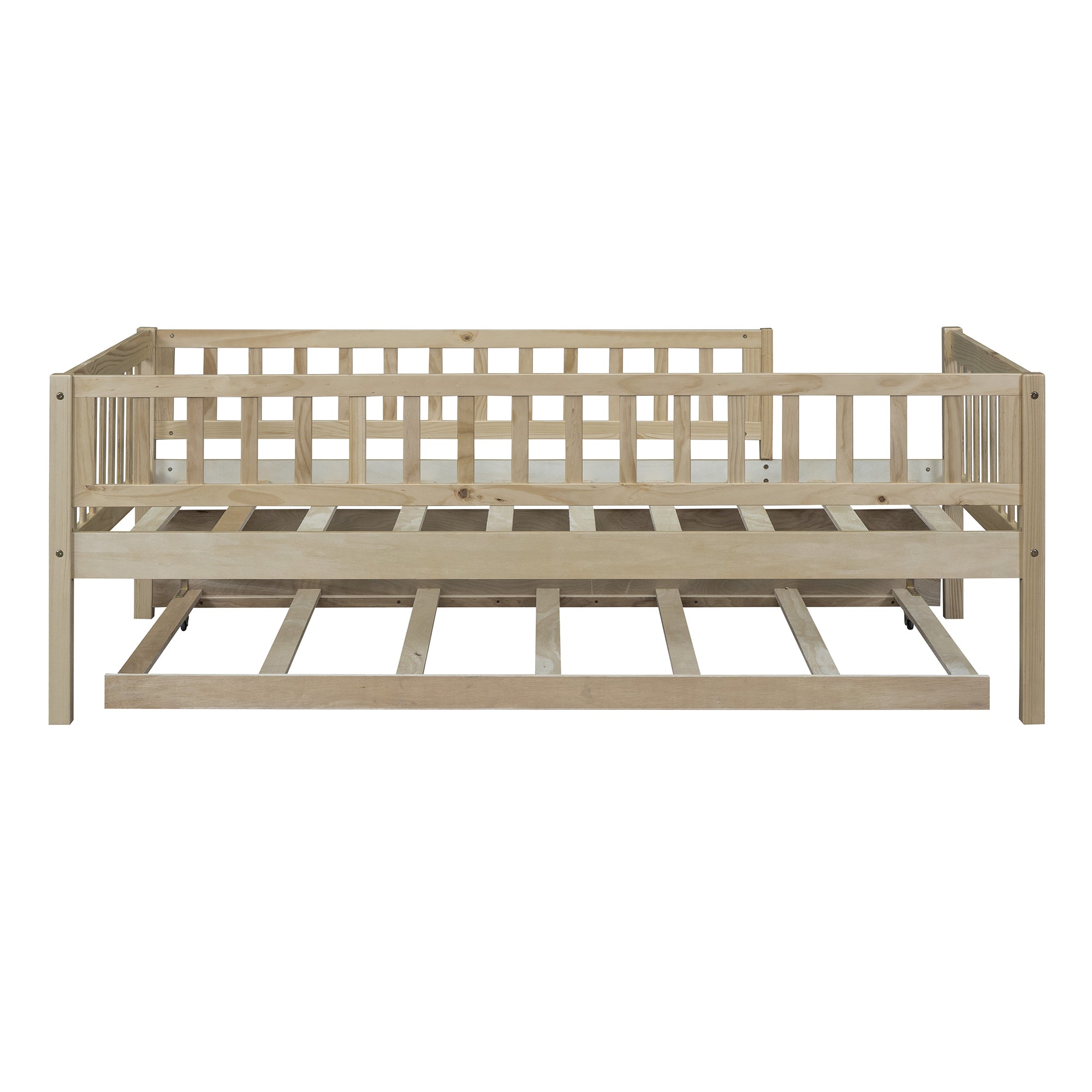 Twin Size Wood Daybed with Trundle and Fence Guardrails, Natural - Atlantic Fine Furniture Melbourne FL