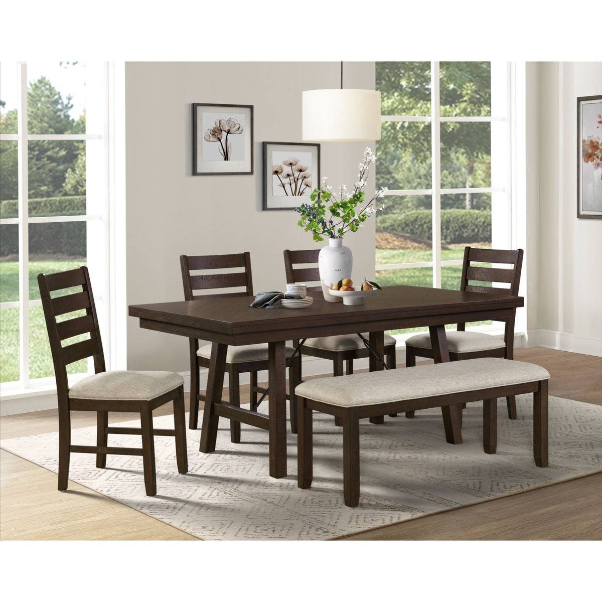 Jax 6 Piece Dining Set (72" Table, Four Chairs And Bench) in Cherry by Elements International, view 4